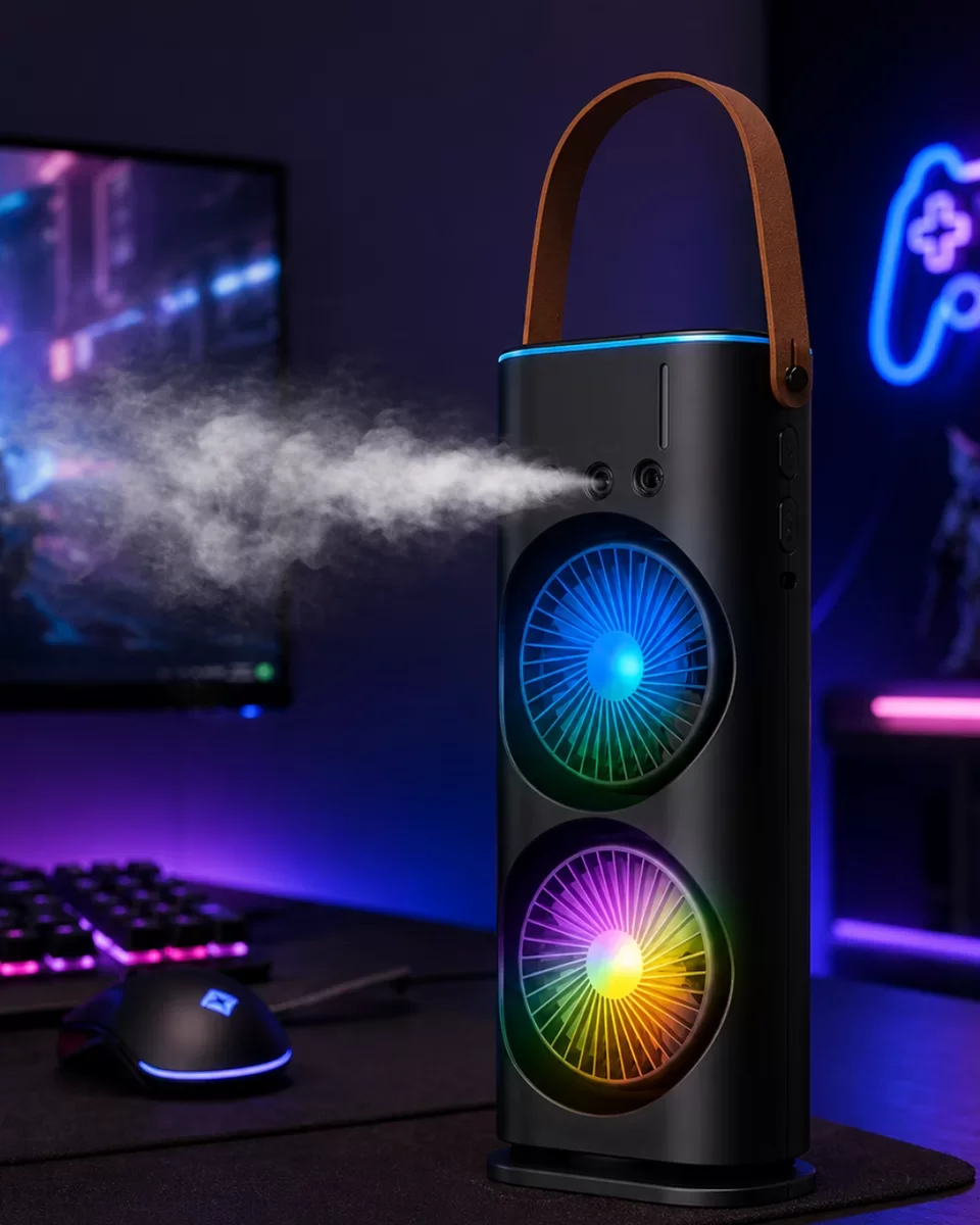 RGB Işıklı Spreyli Masa Fanı Çift Motorlu Güçlü Üflemeli Taşınabilir Fan