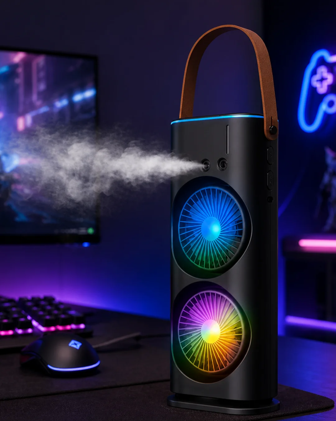 RGB Işıklı Spreyli Masa Fanı Çift Motorlu Güçlü Üflemeli Taşınabilir Fan