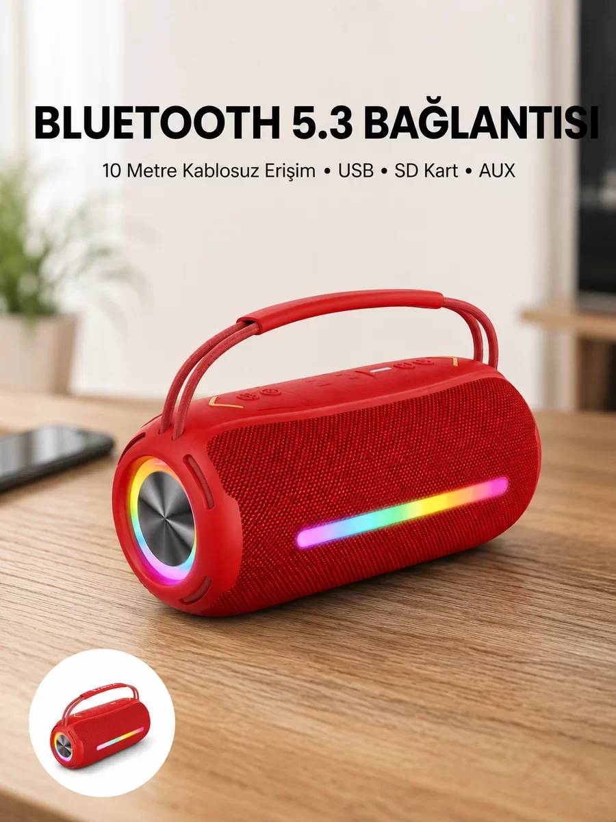 RGB Işıklı Taşınabilir Hoparlör – 10W Bluetooth 5.3 IPX6 Çoklu Bağlantı Desteği