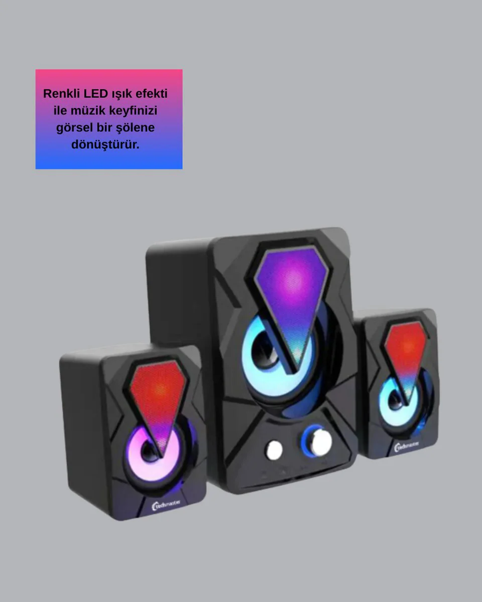 RGB Işıklı USB Hoparlör Seti 9W Derin Bas - 2.1 Kanal, 7 Renk LED Aydınlatma