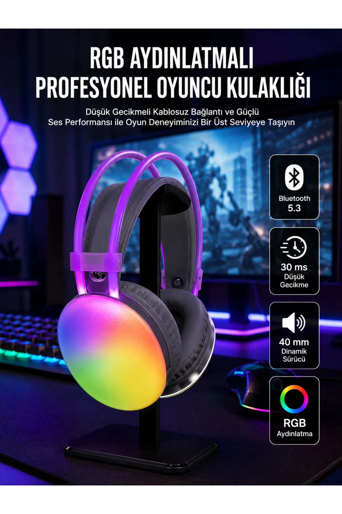 RGB Işıklı Yüksek Ses Kaliteli Kablosuz Kulak Üstü Bluetooth Kulaklık RGB Işıklı Yüksek Ses Kaliteli Kablosuz Kulak Üstü Bluetooth Kulaklık