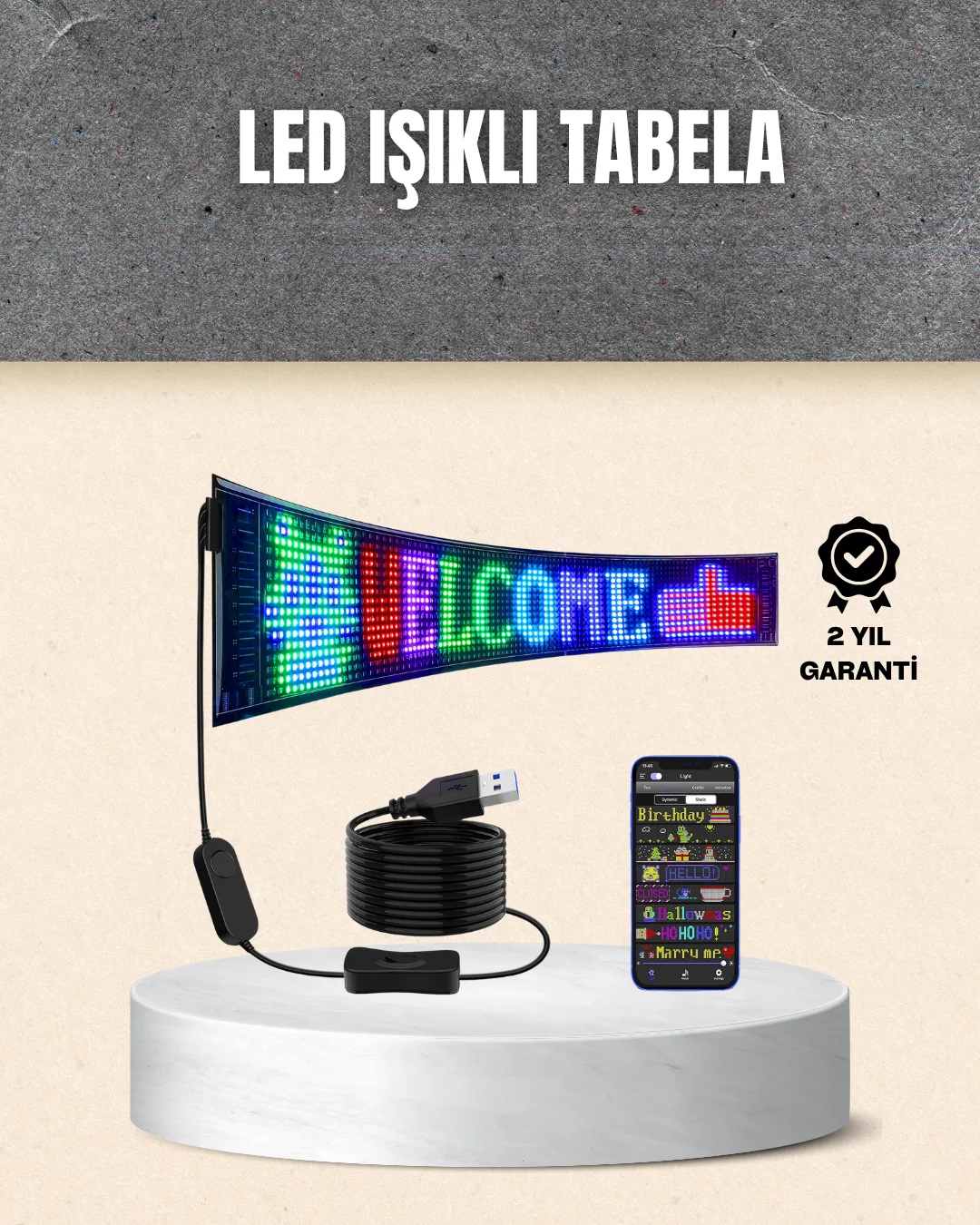 RGB Kayar Yazılı LED Reklam Ekranı – USB Bağlantılı Esnek Tasarım