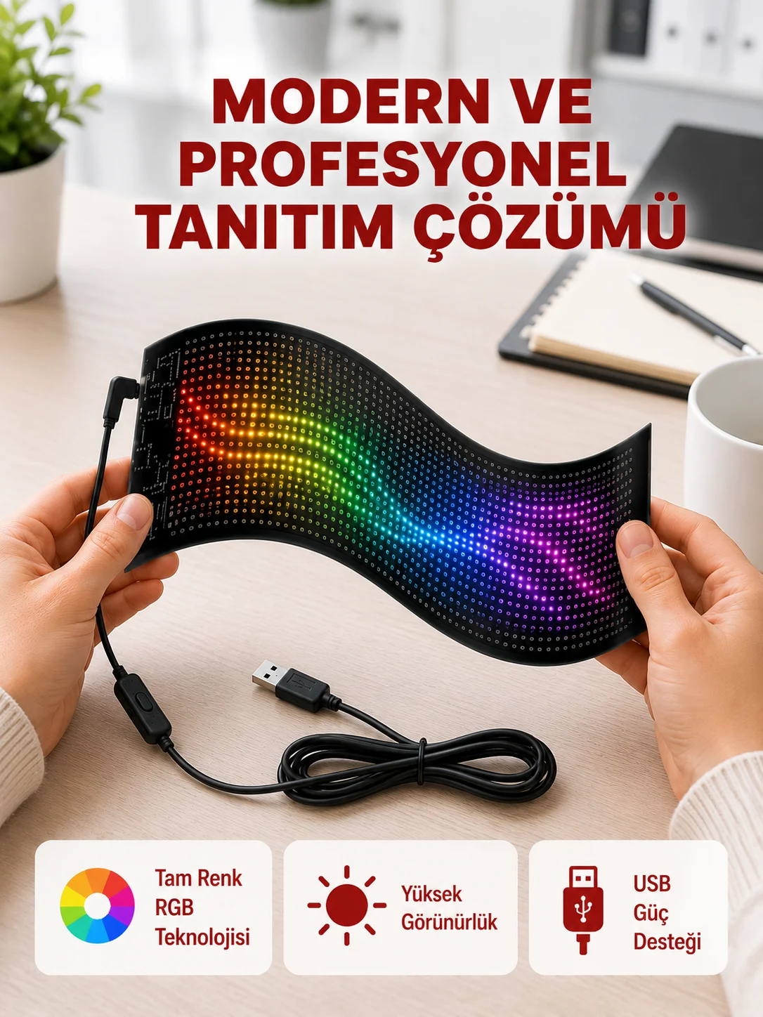 RGB Kayar Yazılı LED Reklam Ekranı – USB Bağlantılı Esnek Tasarım RGB Kayar Yazılı LED Reklam Ekranı – USB Bağlantılı Esnek Tasarım