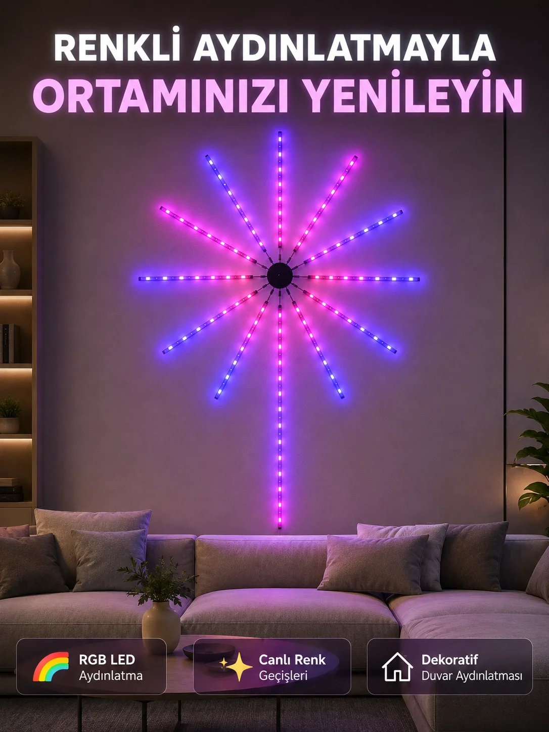 RGB LED Dekoratif Duvar Lambası İç Mekân Telefon Kontrollü Ortam Aydınlatması Fiyatı, Yorumları ve Özellikleri