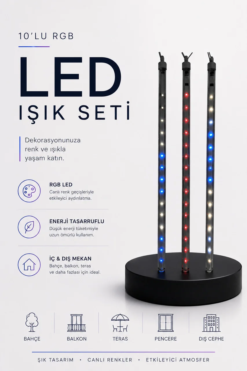 Rgb Led Dış Ve İç Mekan Süsleme Işığı 10 Çubuklu Şerit - Lisinya Diğer