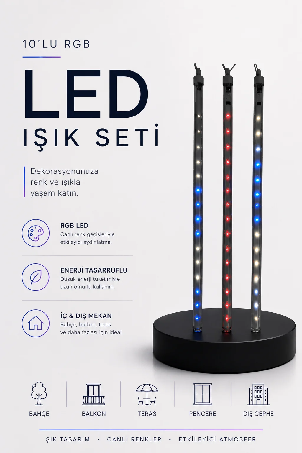 RGB LED Dış Ve İç Mekan Süsleme Işığı 10 Çubuklu Şerit