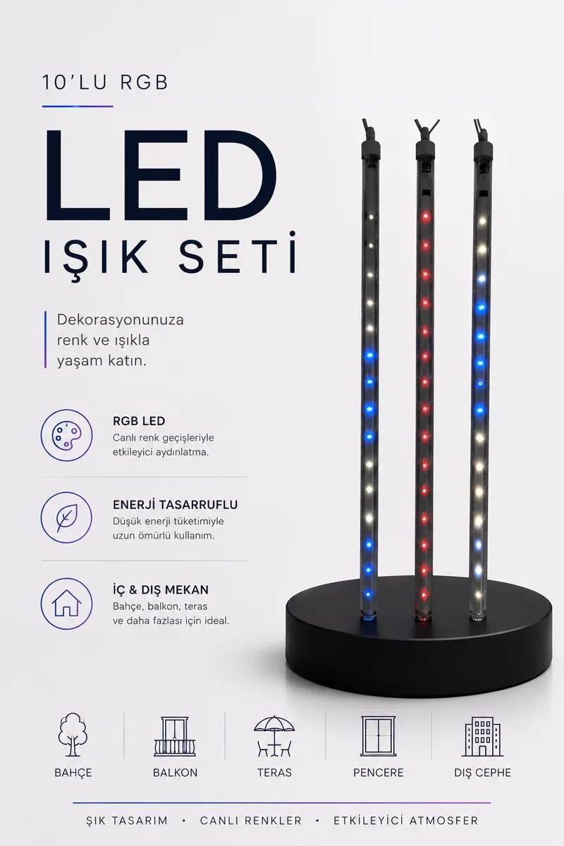RGB LED Dış Ve İç Mekan Süsleme Işığı 10 Çubuklu Şerit