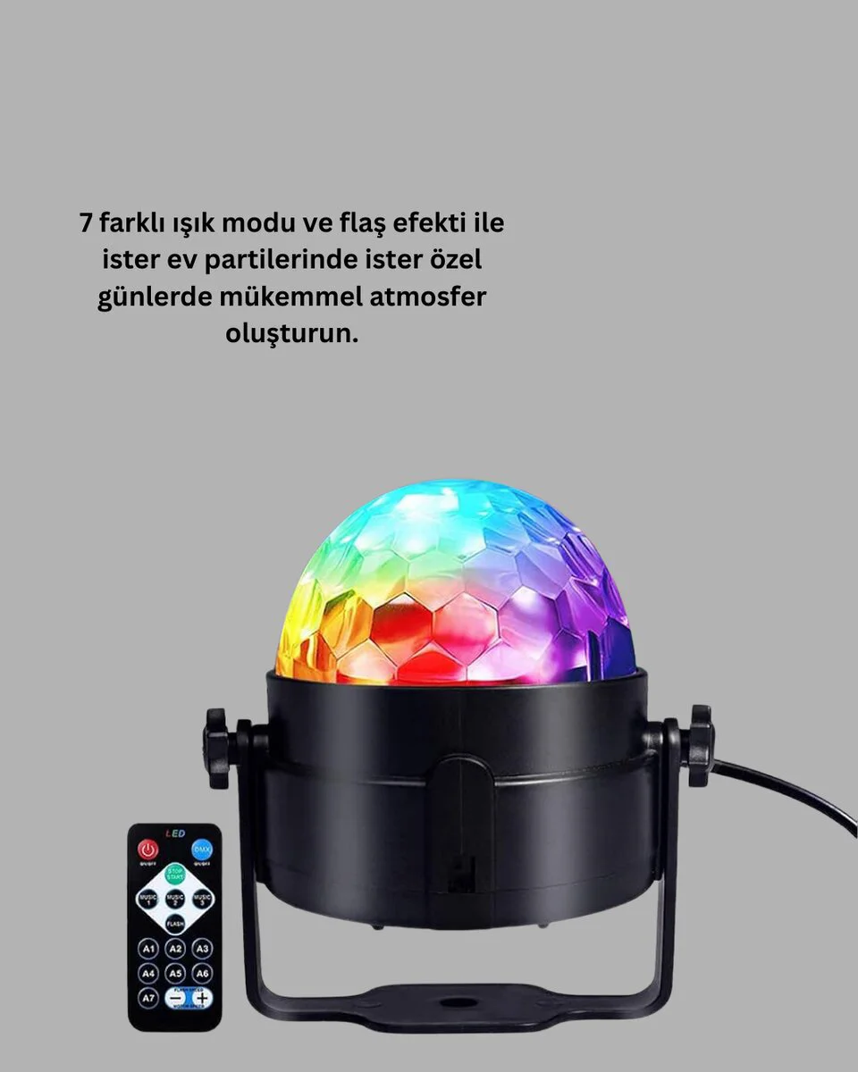 RGB LED Disko Küresi 7 Modlu Uzaktan Kumandalı - Parti Işıkları ve Müzik Senkronizasyonu