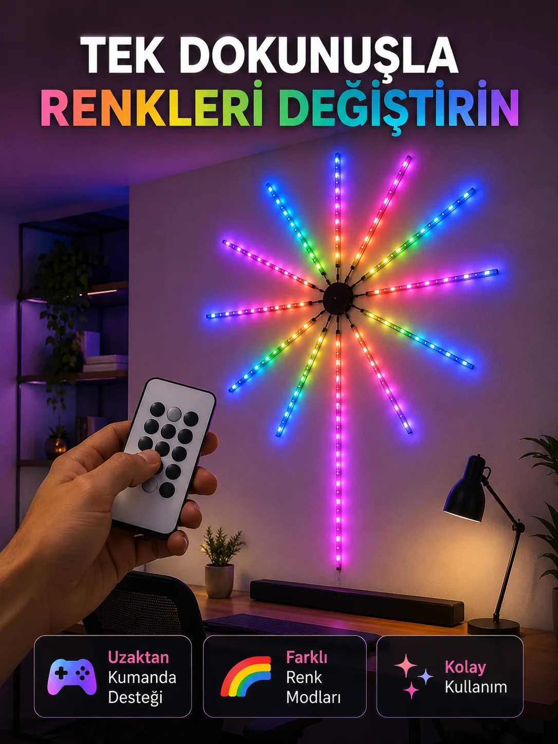 RGB LED Fireworks Duvar Lambası Uzaktan Kumandalı Telefon Kontrollü Ortam Aydınlatması