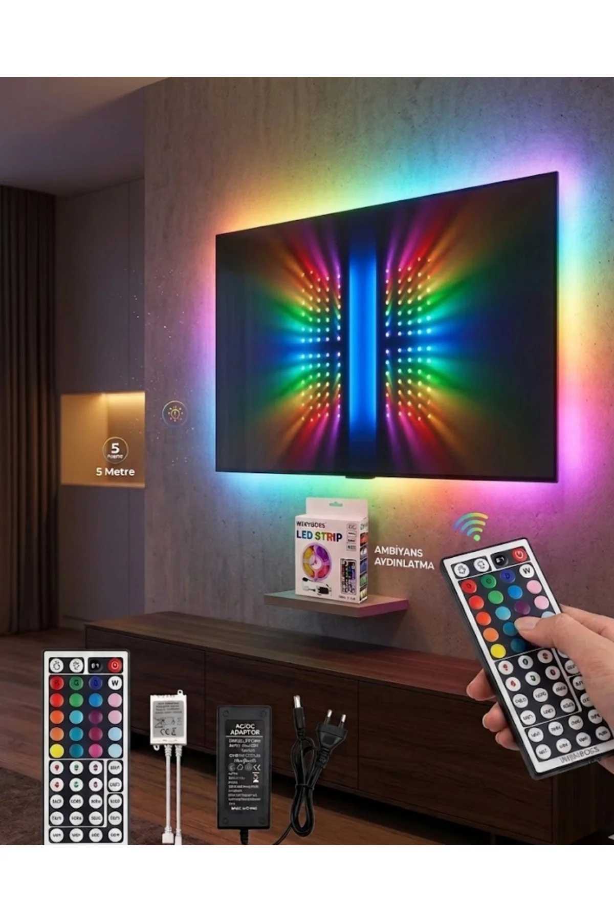 RGB LED Strip 5 Metre Kumandalı 5050 Şerit Led Dekorasyon Işığı