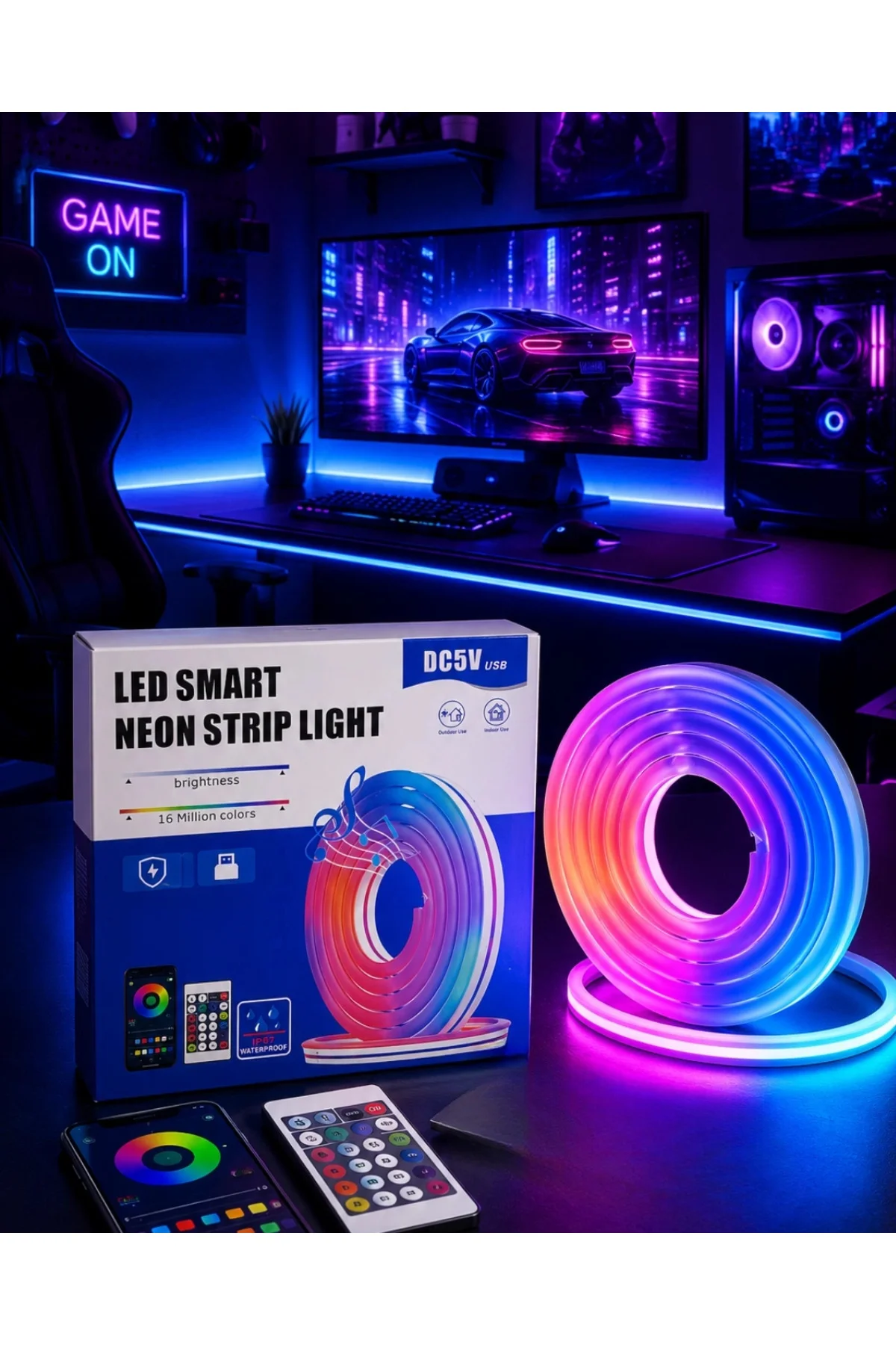 Rgb Neon Led Şerit Işık Kumandalı Usb Girişli Su Geçirmez Şerit Led