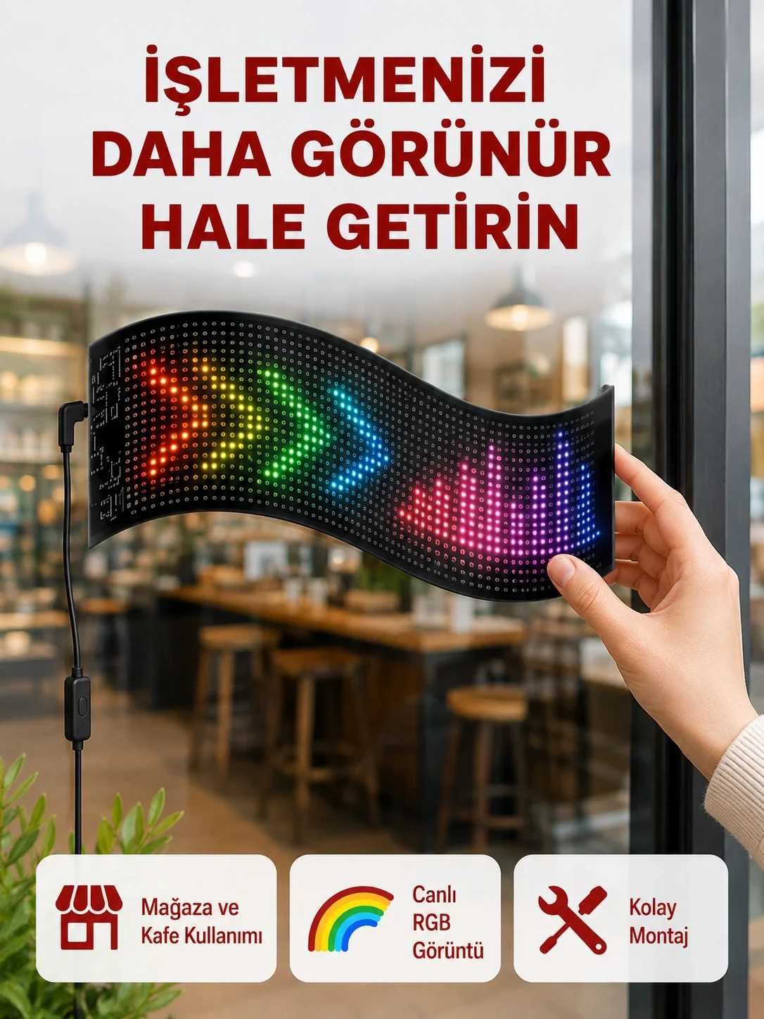 RGB Renkli LED Ekran Tabela USB Bağlantılı ve Kayan Yazı Destekli