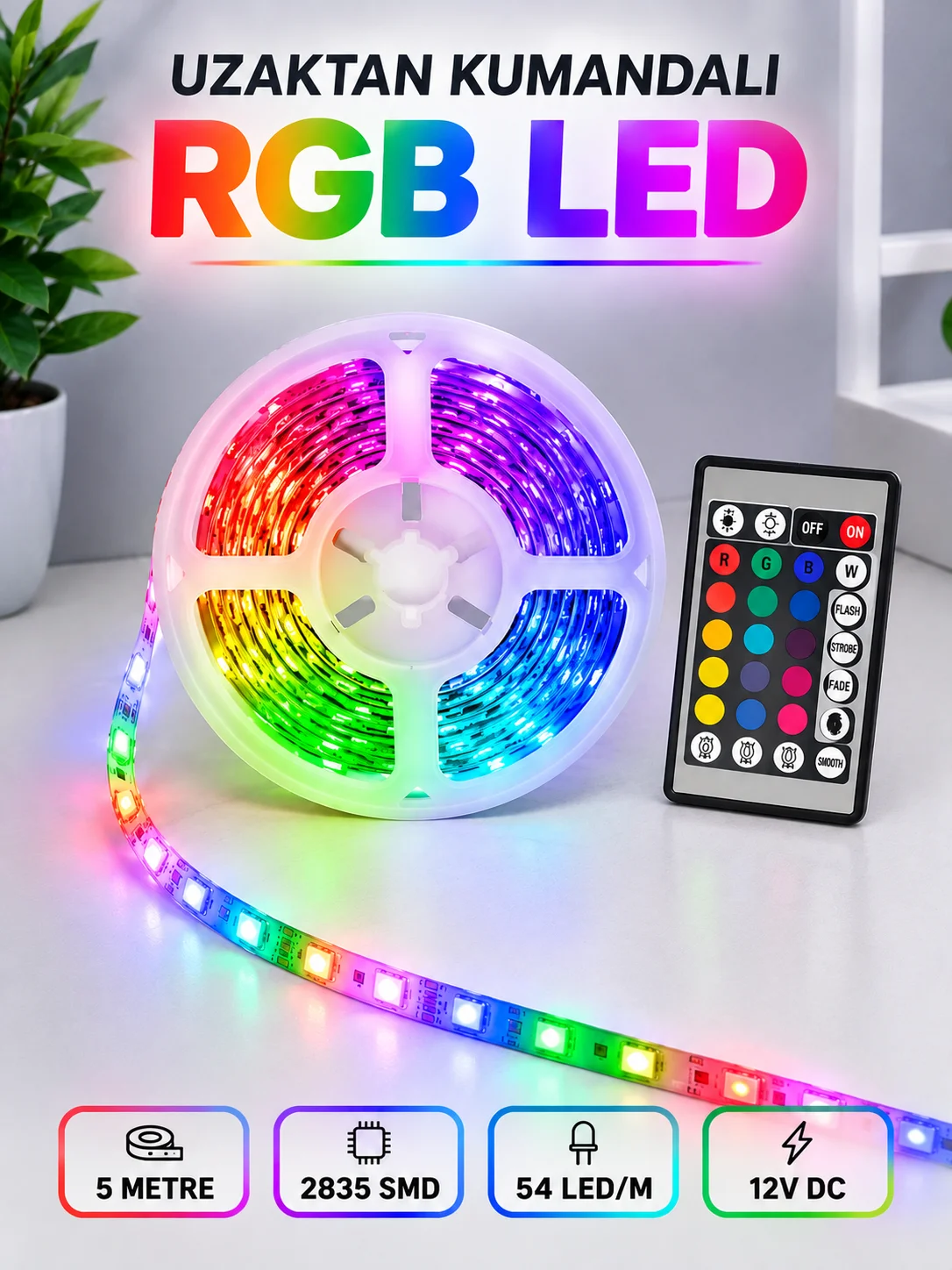 RGB Şerit LED 5 Metre 12V 2835 SMD Kumandalı Renkli Oda ve Ev Aydınlatması RGB Şerit LED 5 Metre 12V 2835 SMD Kumandalı Renkli Oda ve Ev Aydınlatması
