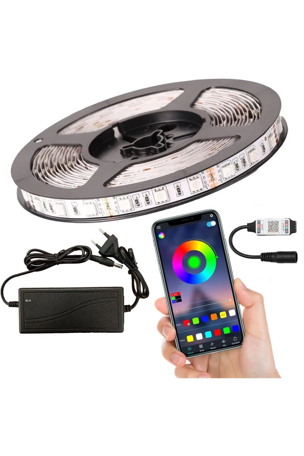 RGB Şerit Led Set Tak Çalıştır Bluetoothlu ve Müziğe Duyarlı 5050 3 Çipli İç Mekan Silik