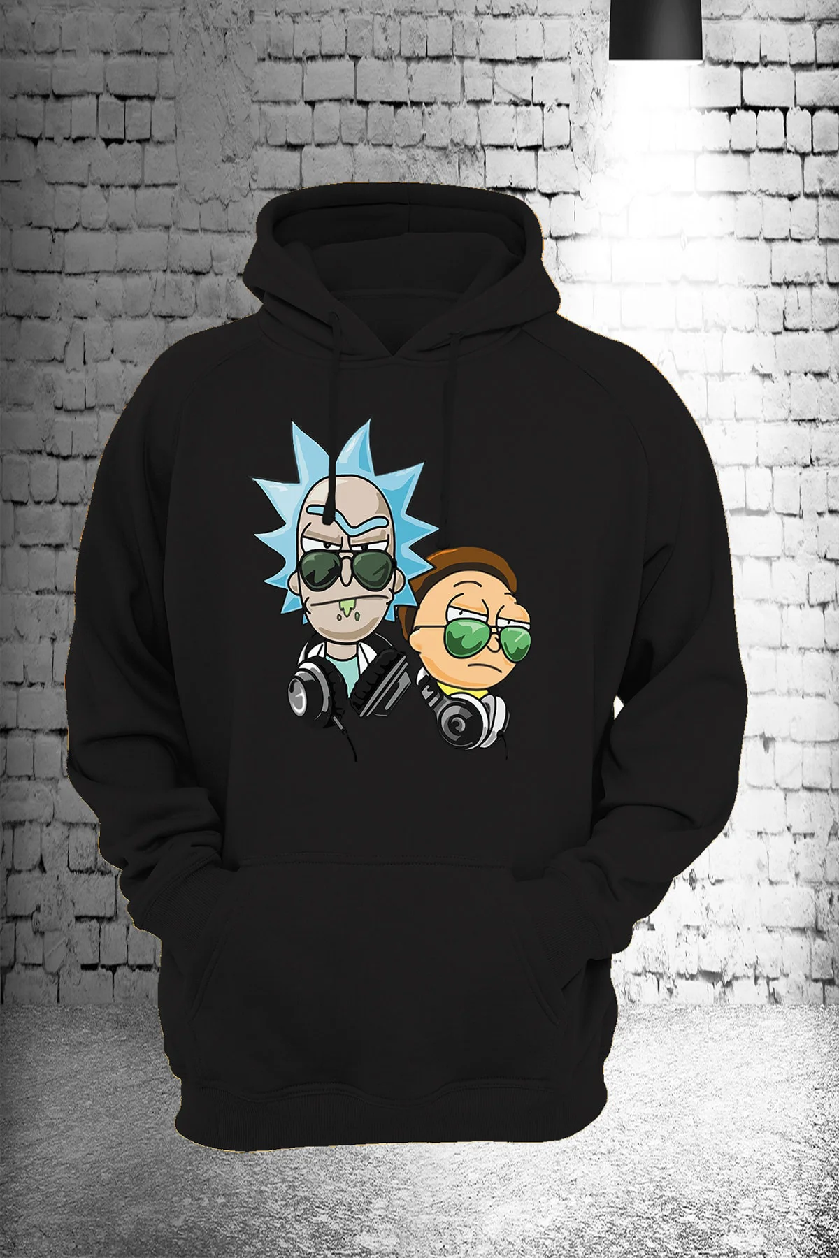 Rick And Morty Baskılı 3   Şardonlu Kalın  Polar Siyah Sweatshirt