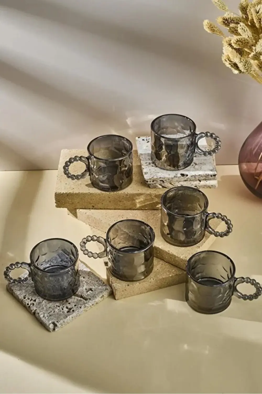 Ringo Stone Füme 6'lı Boncuk Kulplu 100ml Cam Fincan Espresso Ve