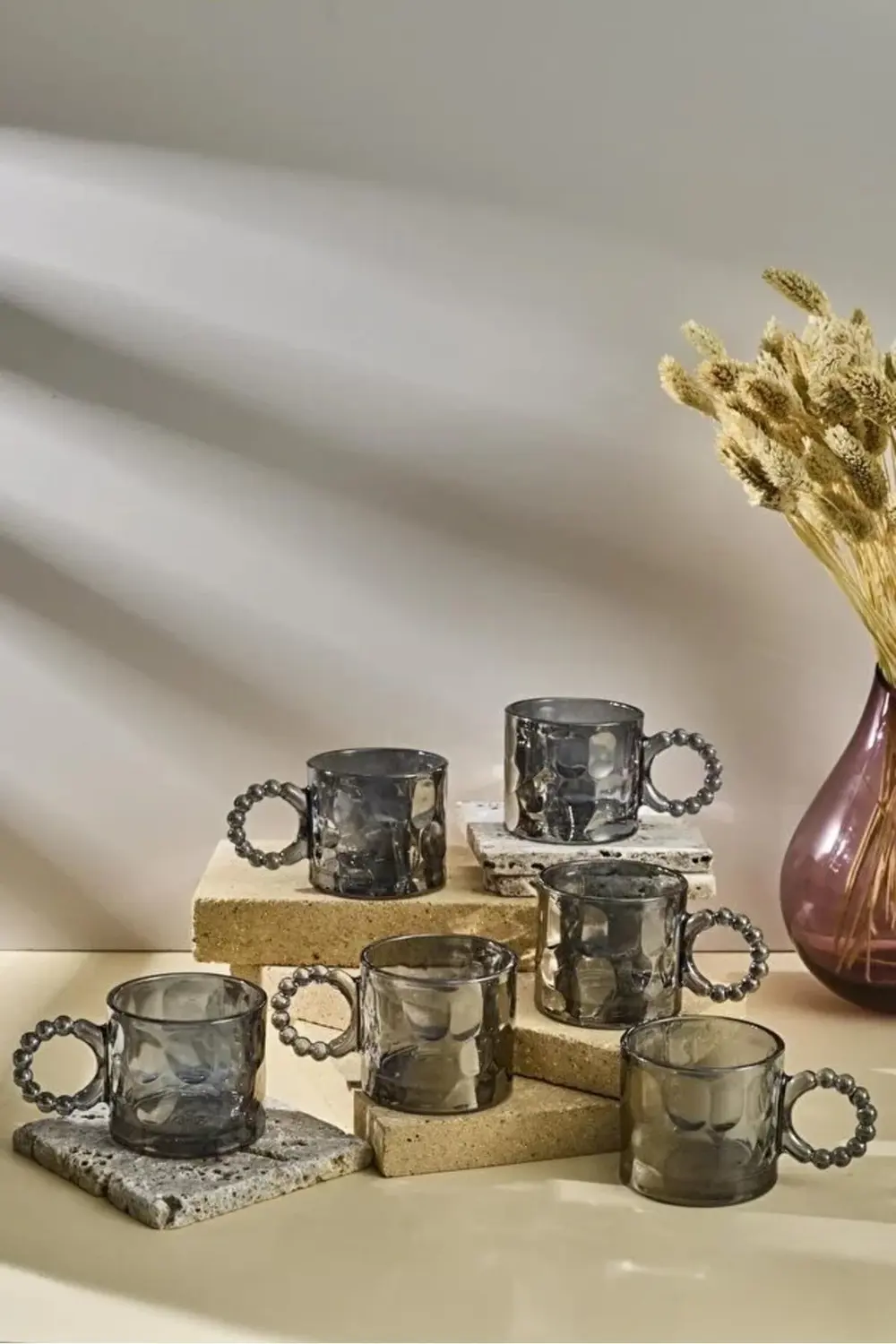 Ringo Stone Füme 6'lı Boncuk Kulplu 100ml Cam Fincan Espresso Ve