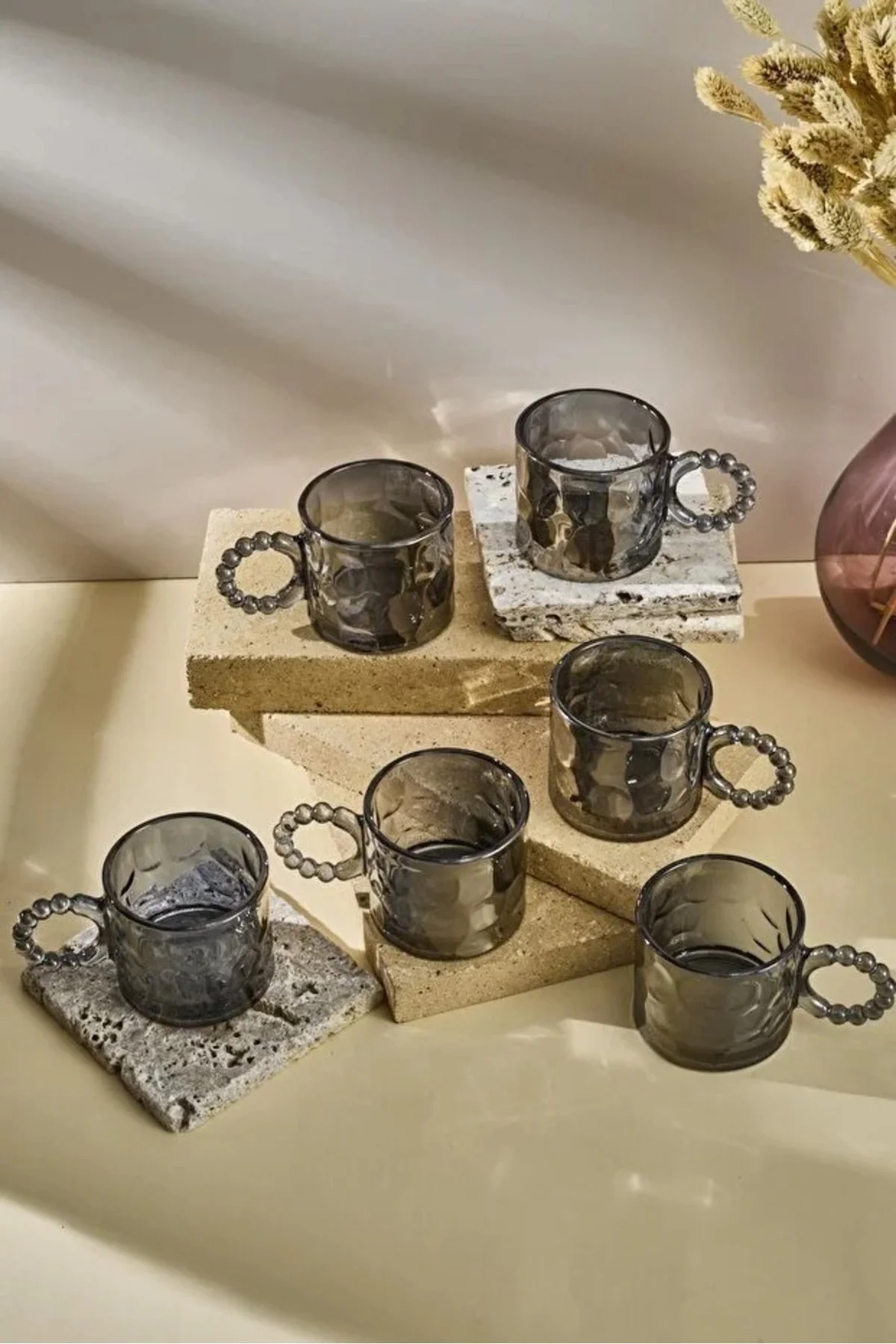 Ringo Stone Füme 6'lı Boncuk Kulplu 100ml Cam Fincan Espresso Ve 