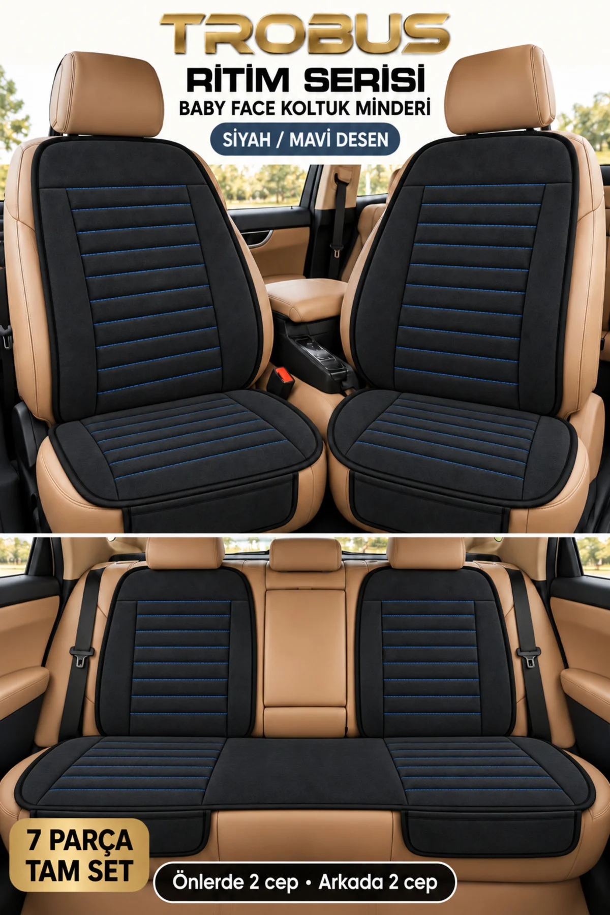 Ritim Volkswagen Passat Sedan 2015 ve Sonrası Baby Face 7'li Koltuk Minderi Siyah Mavi Desen