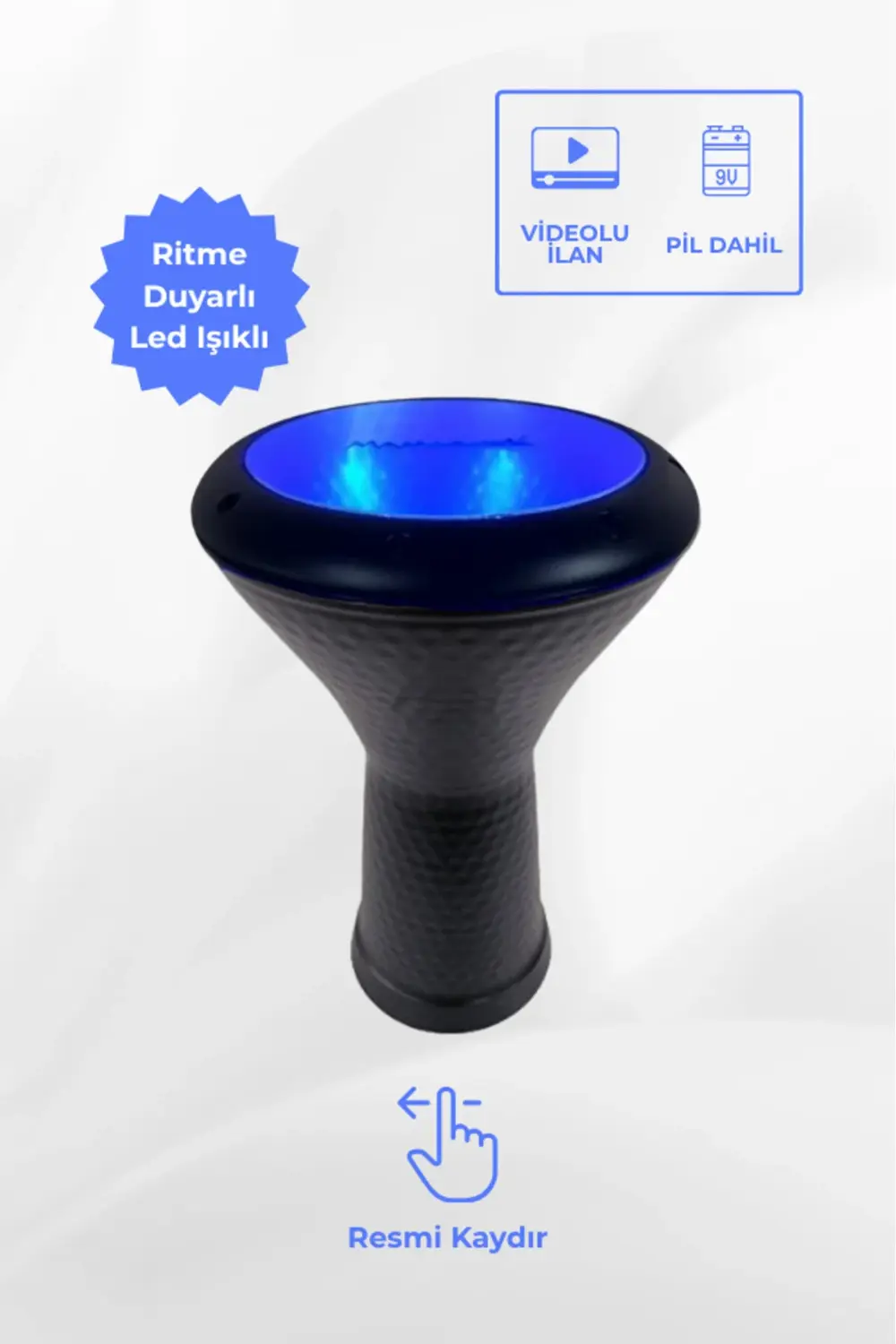 Ritme Duyarlı Mavi Işıklı Siyah Döküm Darbuka (Kılıf + Led Projek