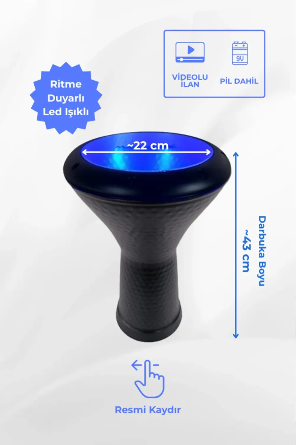 Ritme Duyarlı Mavi Işıklı Siyah Döküm Darbuka (Kılıf + Led Projek