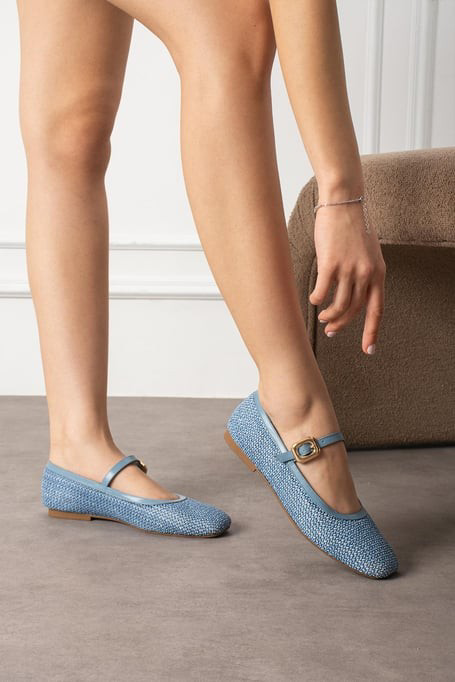Rives Mavi Cilt Hasır Dokumalı Babet Ayakkabı