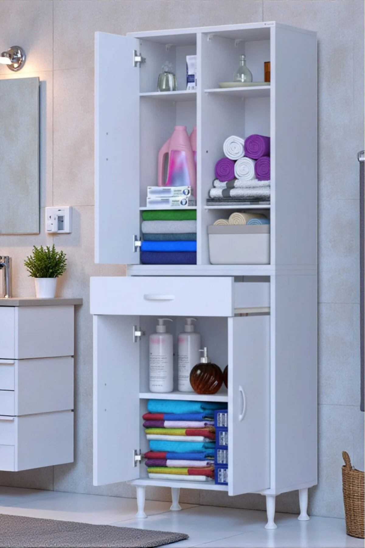 Rivo 4 Raflı Banyo/Mutfak Dolabı 60 cm Beyaz Renkli Çok Amaçlı Do