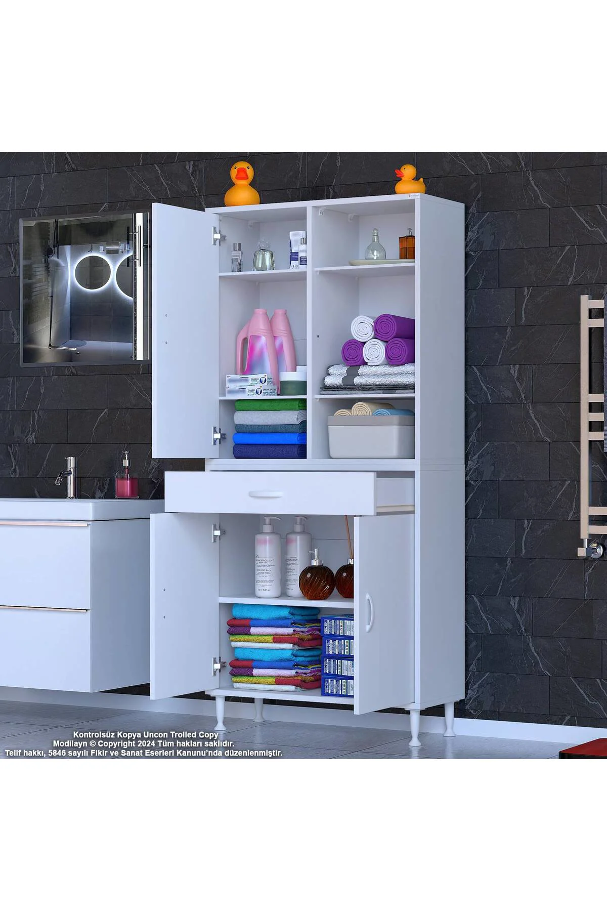 Rivo 4 Raflı Banyo/Mutfak Dolabı 70 cm Beyaz Renkli Çok Amaçlı Do