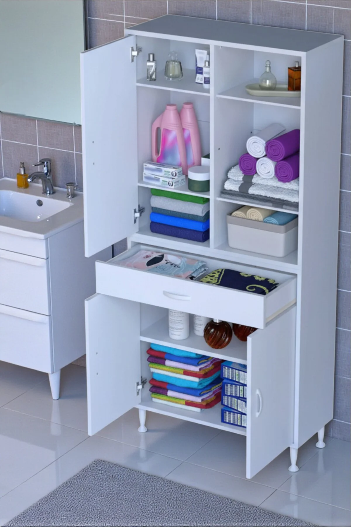 Rivo 4 Raflı Banyo/Mutfak Dolabı 80 cm Beyaz Renkli Çok Amaçlı Do