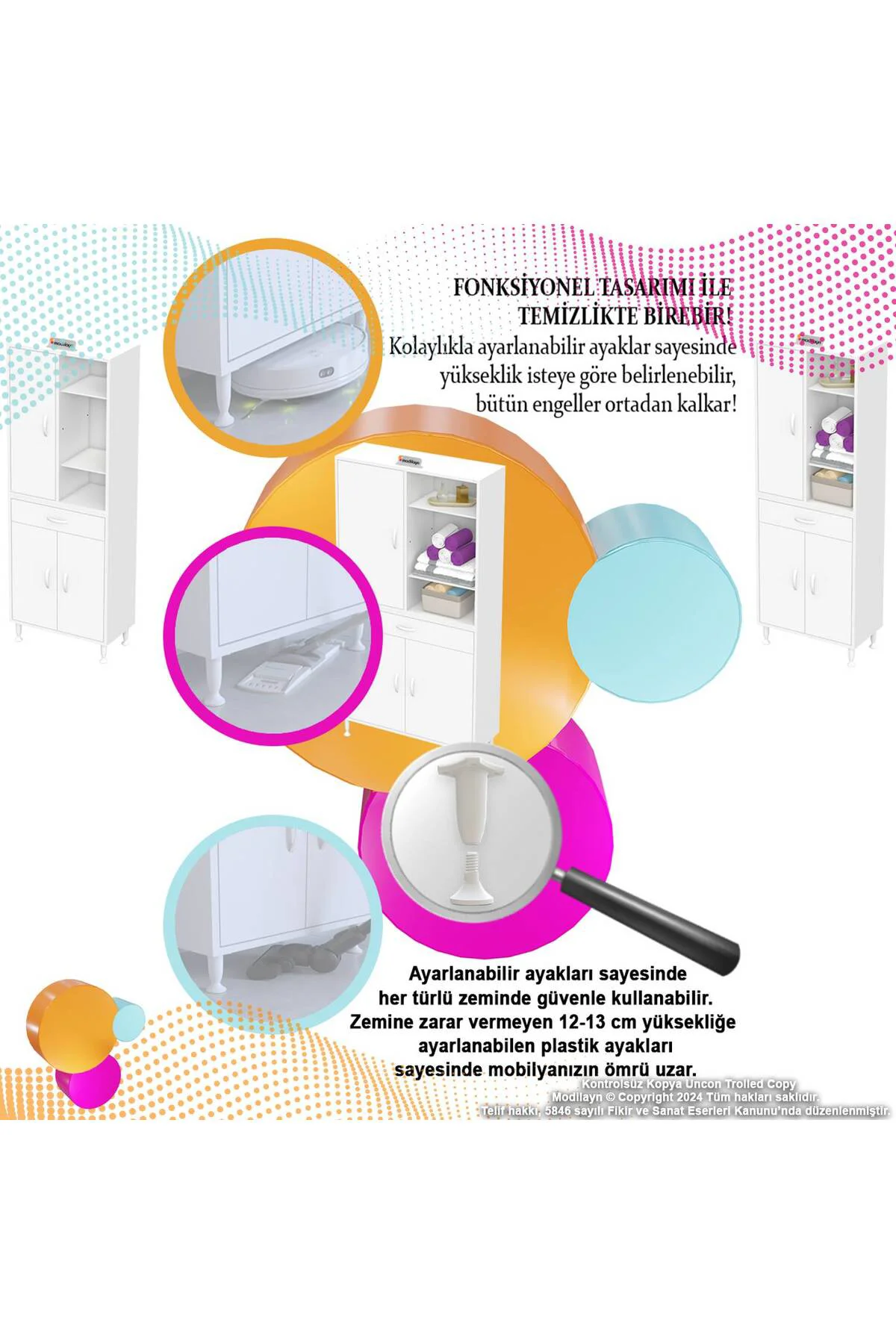 Rivo 4 Raflı Banyo/Mutfak Dolabı 85 cm Beyaz Renkli Çok Amaçlı Do