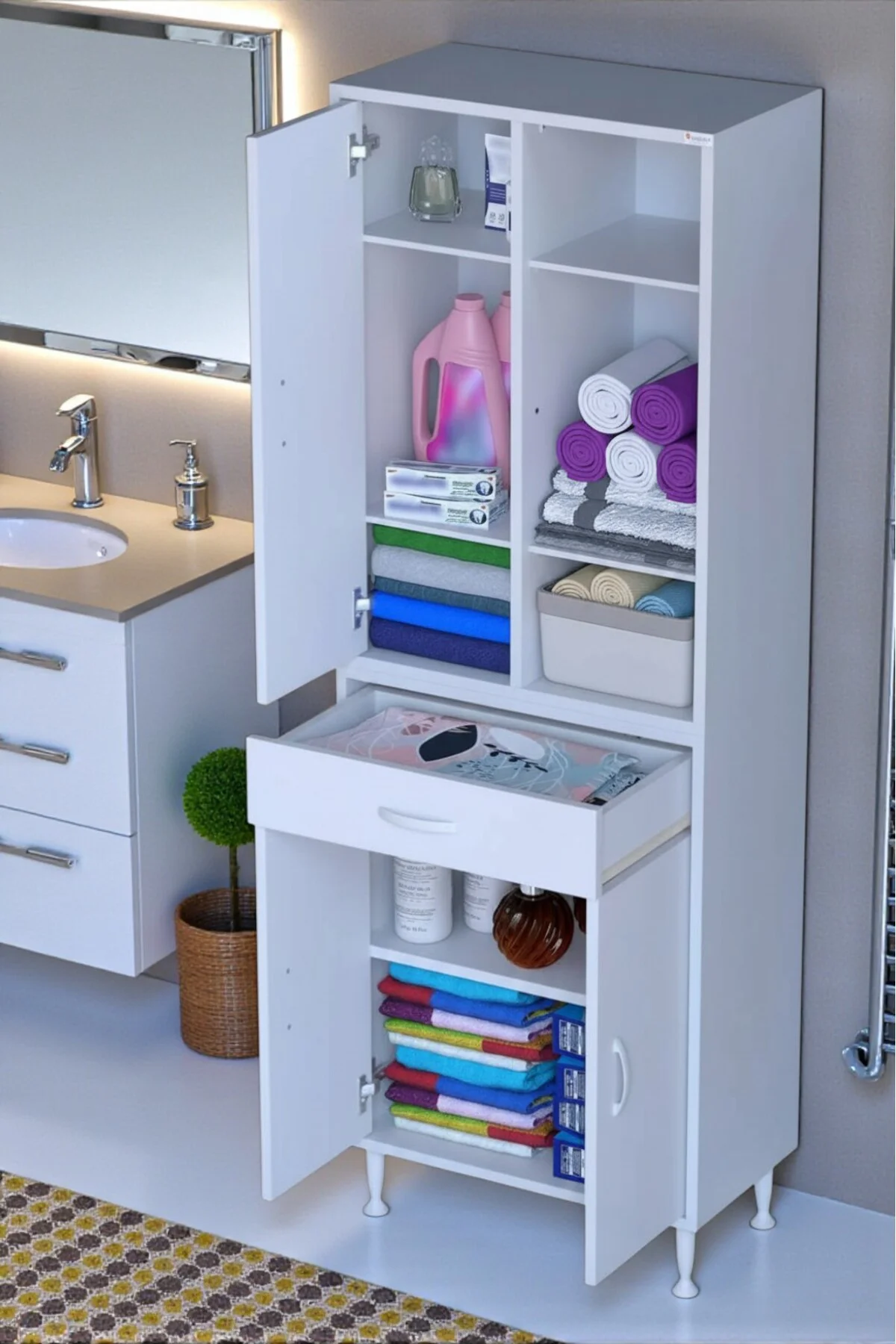 Rivo 4 Raflı Banyo/Mutfak Dolabı 55 cm Beyaz Renkli Çok Amaçlı Do