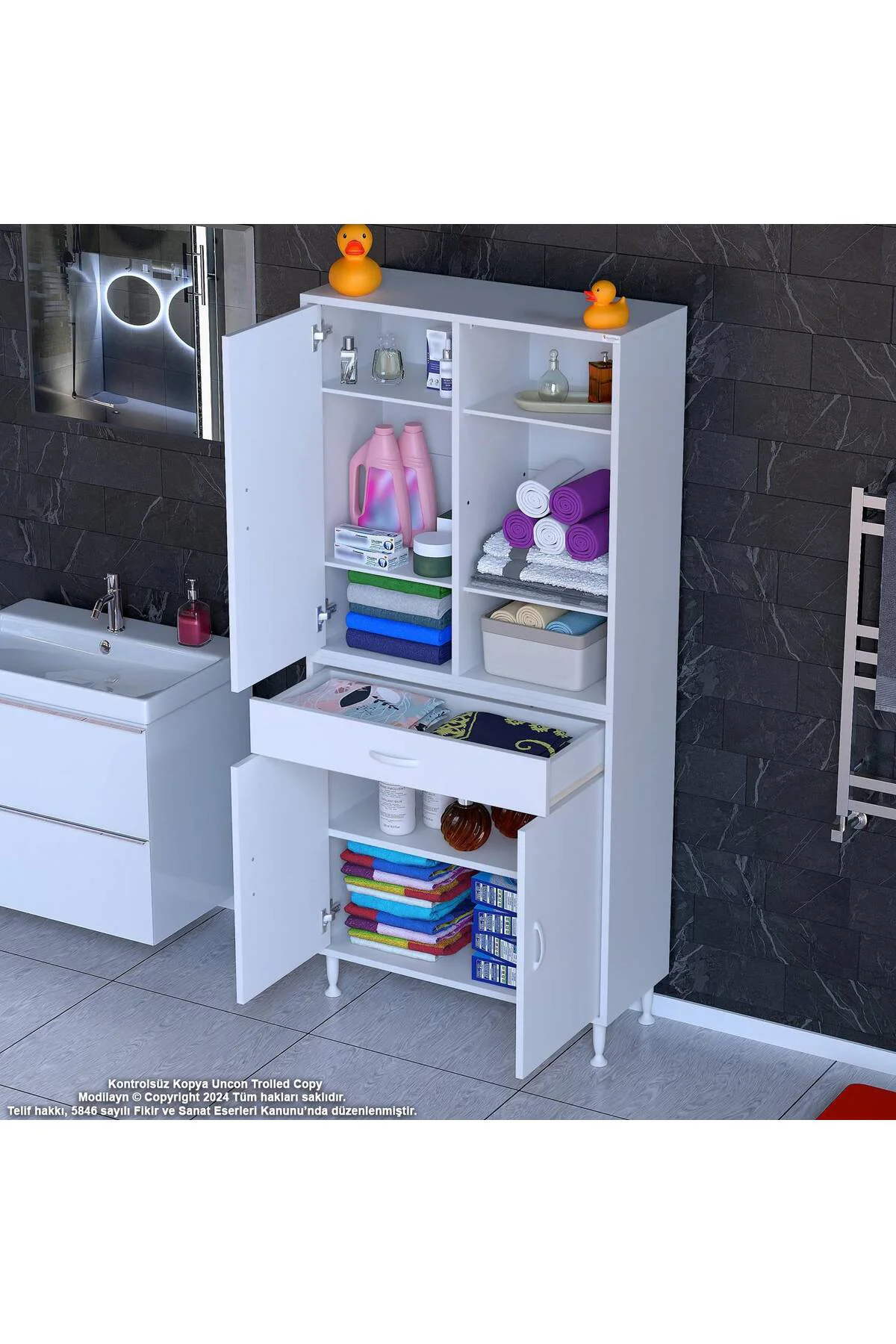 Rivo 4 Raflı Banyo/Mutfak Dolabı 85 cm Beyaz Renkli Çok Amaçlı Do