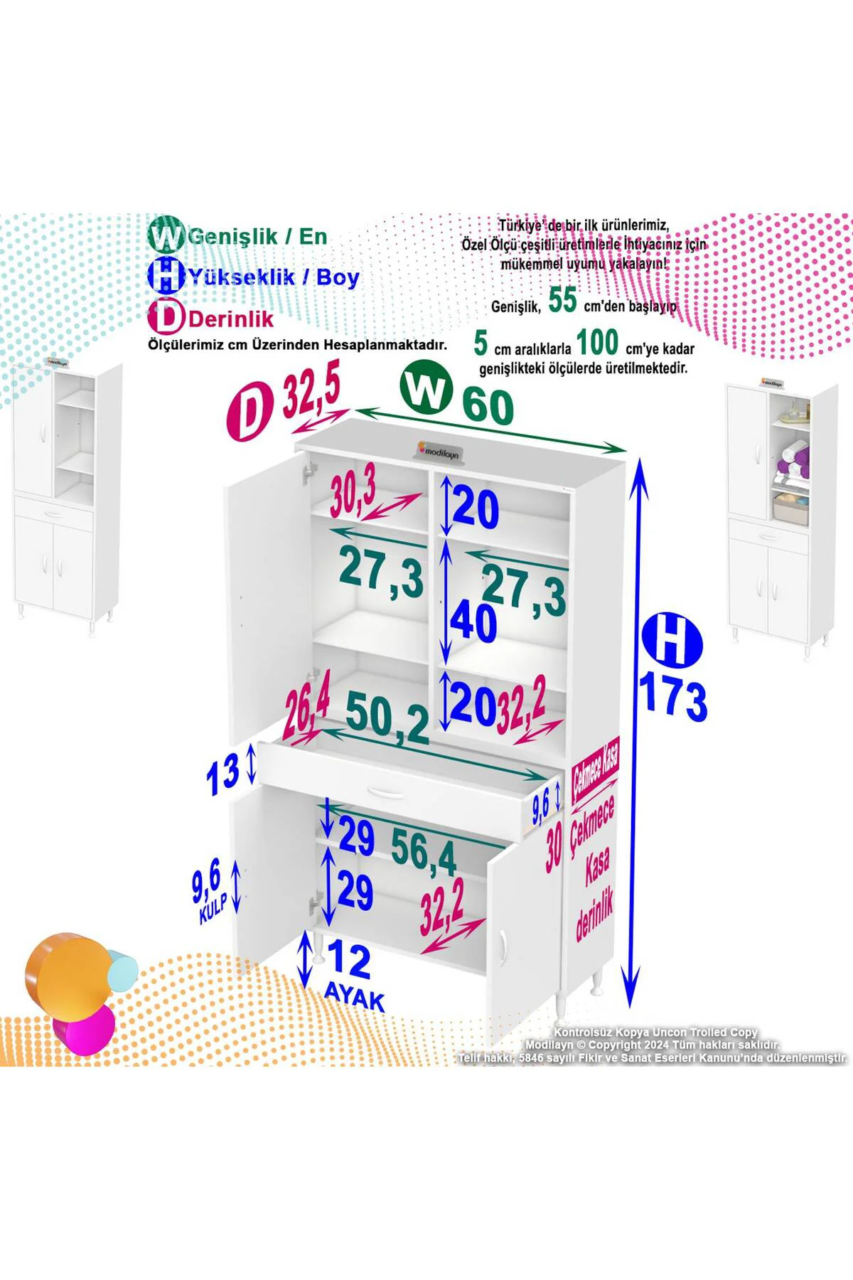 Rivo 4 Raflı Banyo/Mutfak Dolabı 60 cm Beyaz Renkli Çok Amaçlı Do