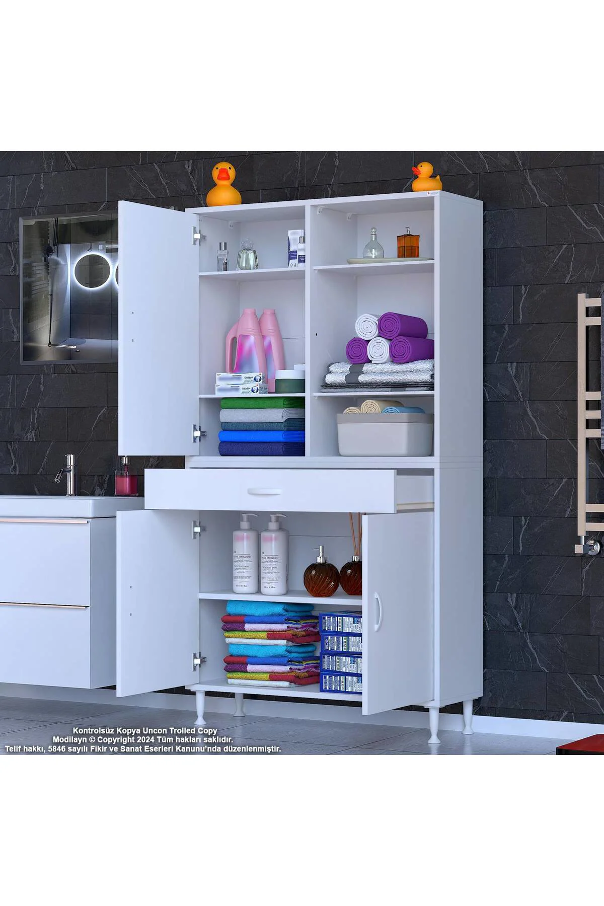 Rivo 4 Raflı Banyo/Mutfak Dolabı 95 cm Beyaz Renkli Çok Amaçlı Do