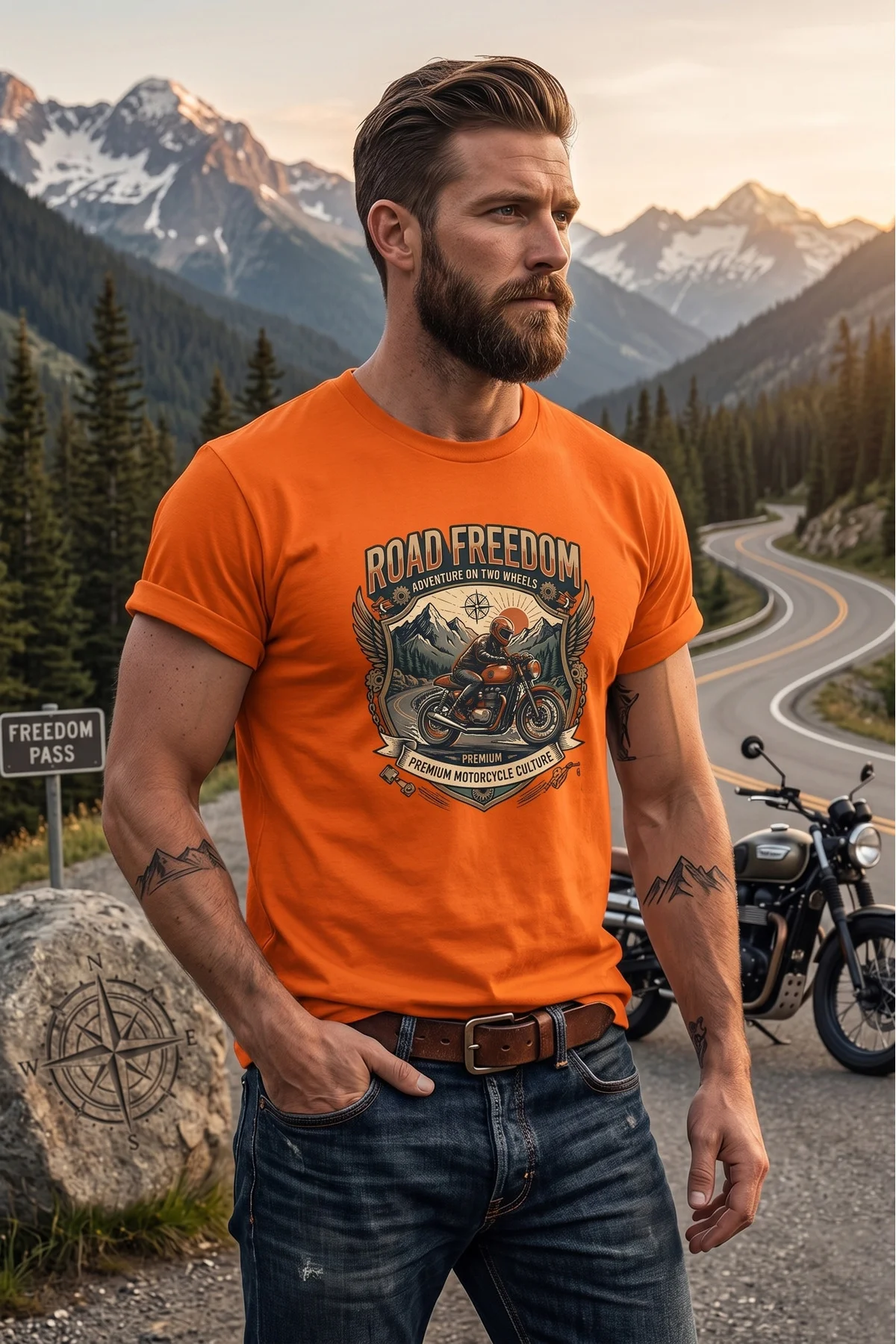 Road Freedom Motorsiklet Baskılı Erkek Tişört Vintage Retro Tasar