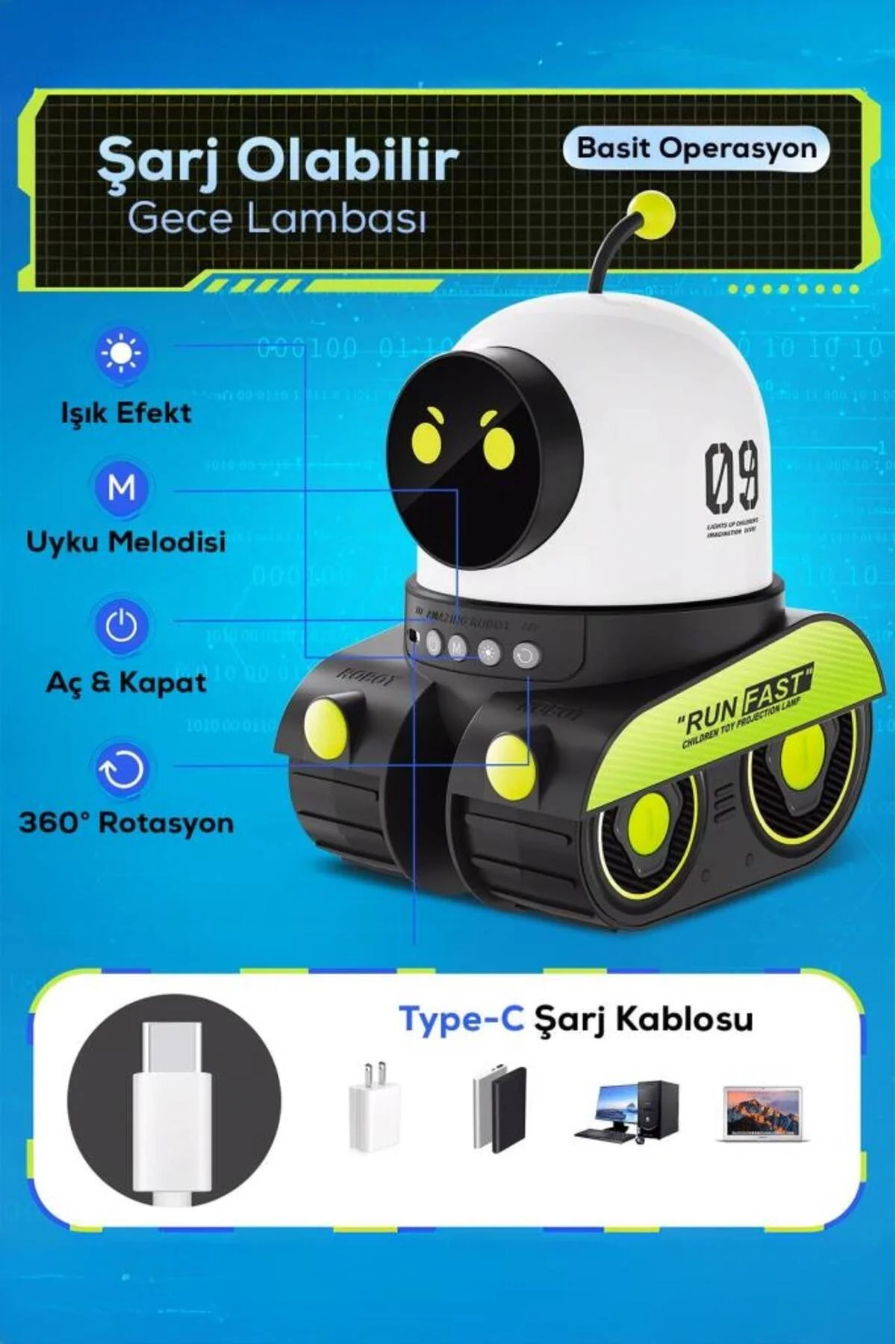Robot şekilli siyah plastik şarjlı müzikli projektör gece lambası 16 x 14 cm - 16 x 14 Boyut/Ebat Fiyatı, Yorumları ve Özellikleri
