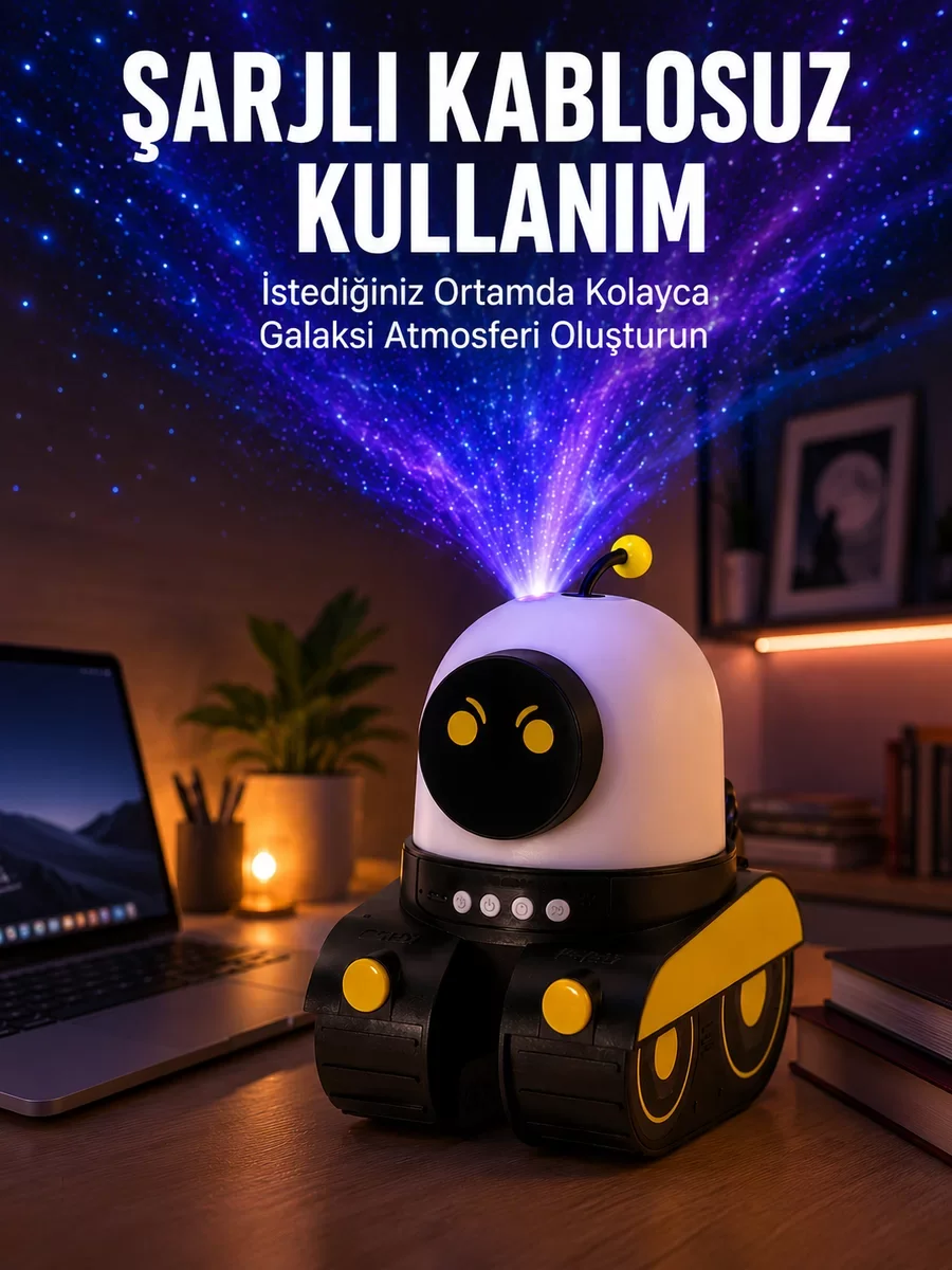 Robot Tasarımlı Yıldızlı Gökyüzü Projektör ve Bluetooth Hoparlör - Gece Lambası ve Eğlence İçin