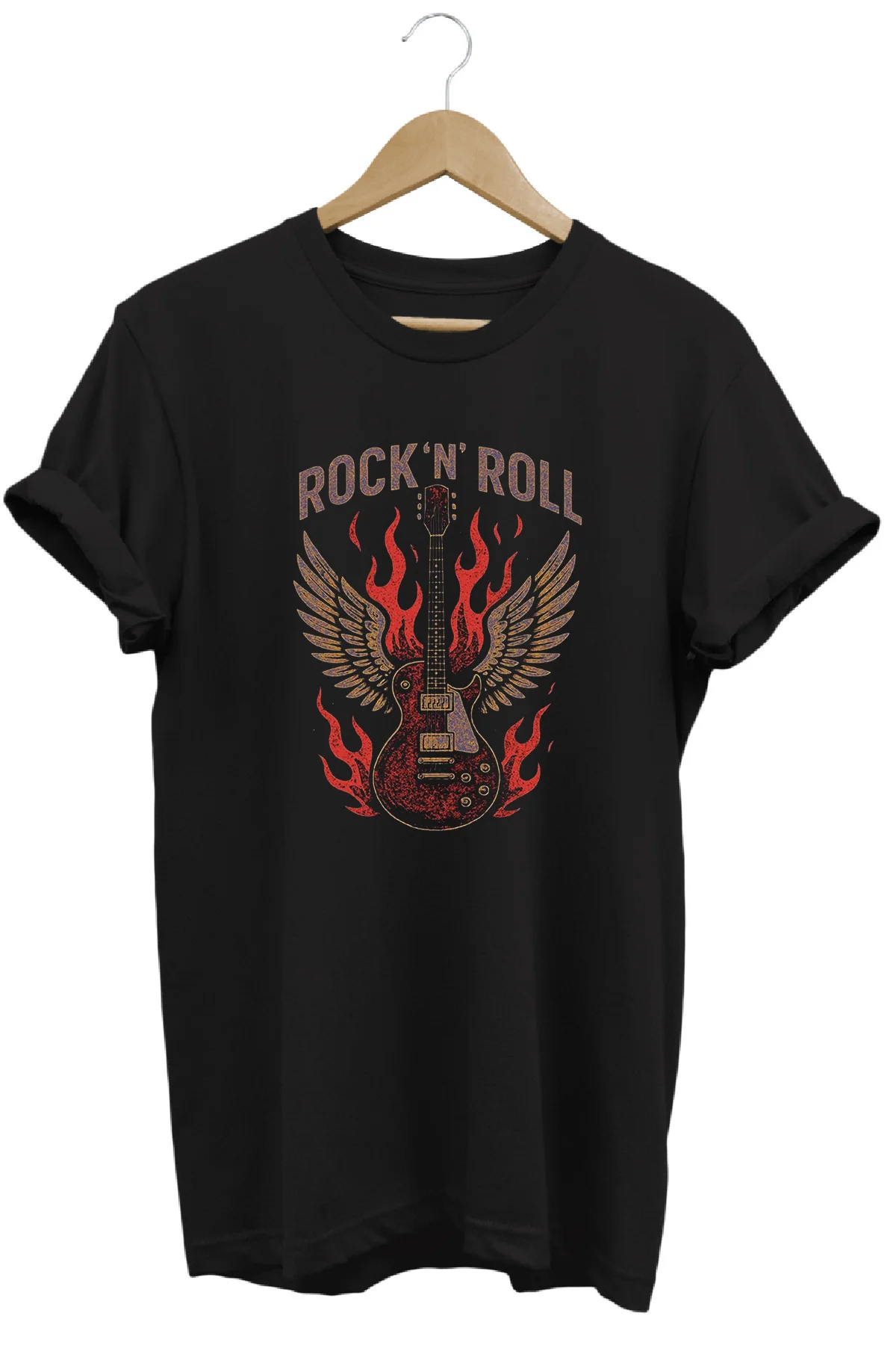 Rock And Roll Baskılı %100 Pamuk Regular Fit Bisiklet Yaka T-shirt