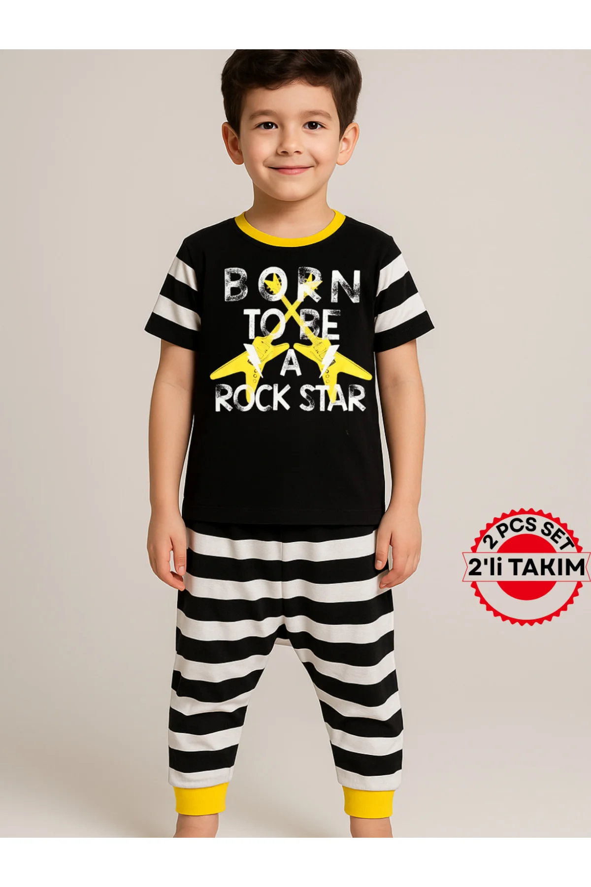 Rocker Çizgili Kapri + T-shirt Takım