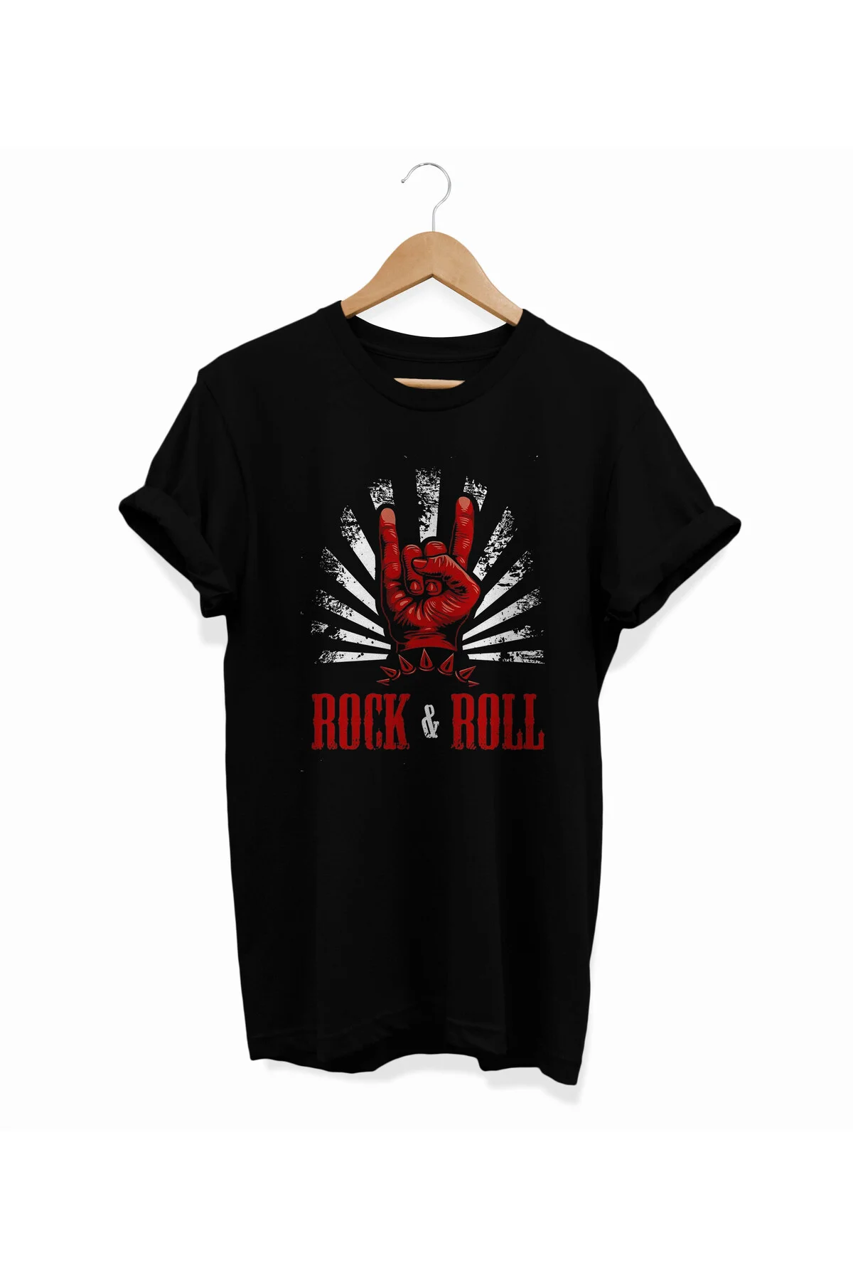 , Rock'n Roll Baskılı, %100 Pamuk, Bisiklet Yaka, Oversize T-shir