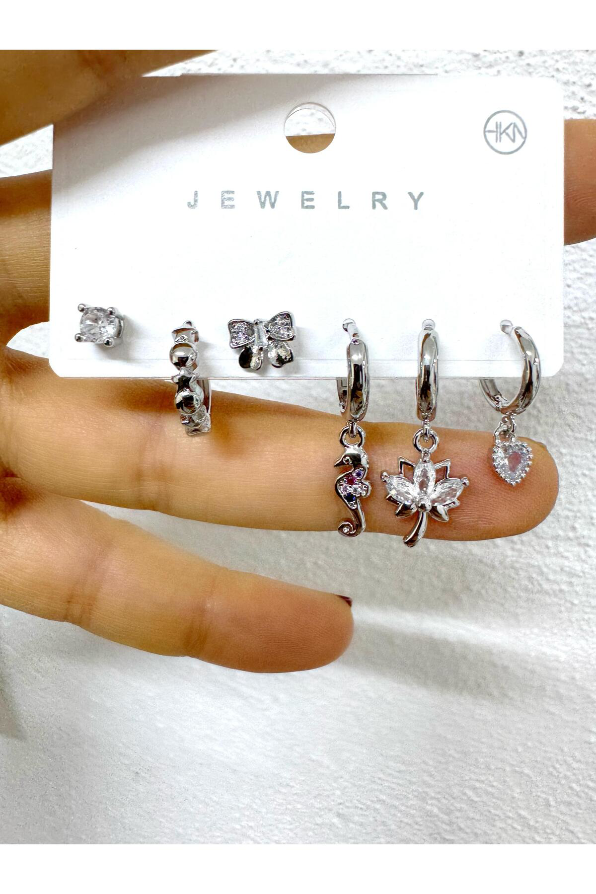 rodyum kararmaz Zirkon taşlı 6 lı küpe seti (vip seri)