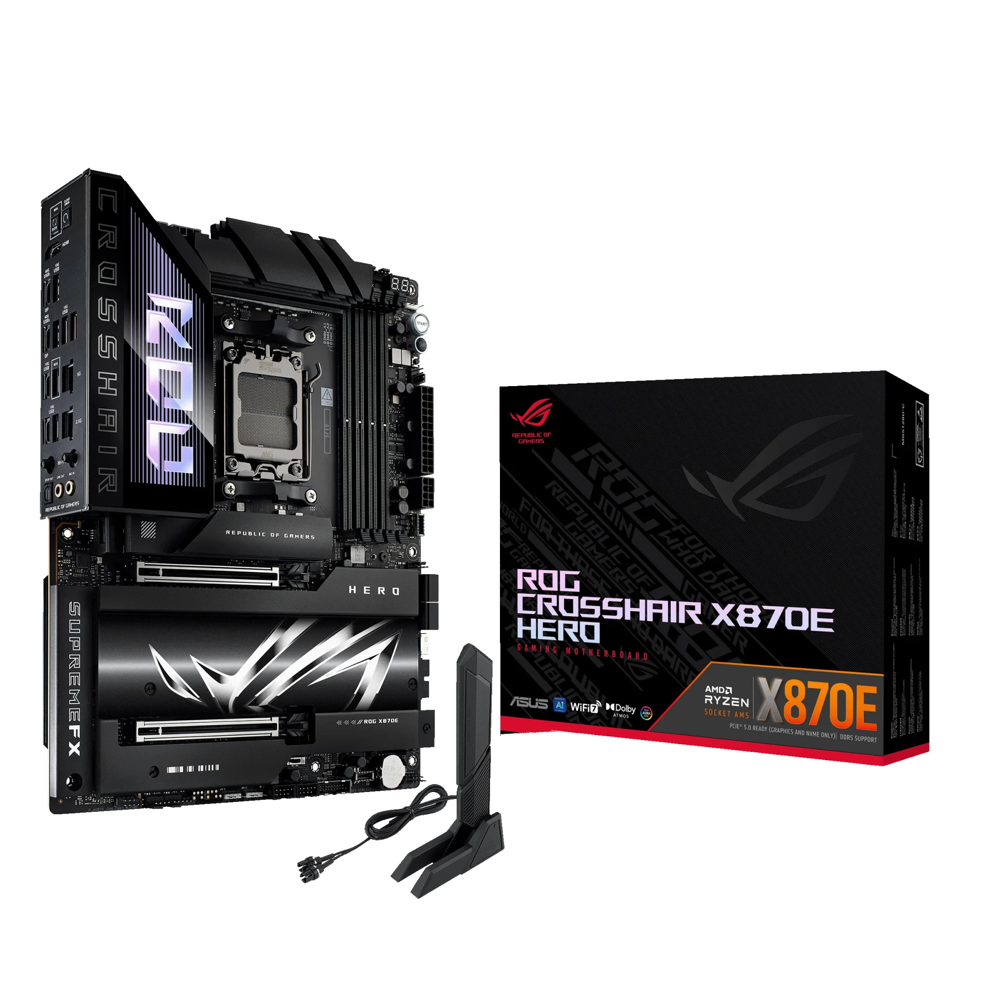 ROG CROSSHAIR X870E HERO, 4xDDR5, 5xM.2, HDMI, DP, Type-C, PCIe 5.0, 2xWi-Fi 7, Bluetooth v5.4, AMD Ryzen 9000-8000 ve 7000 Serisi, AM5 Soket Anakart