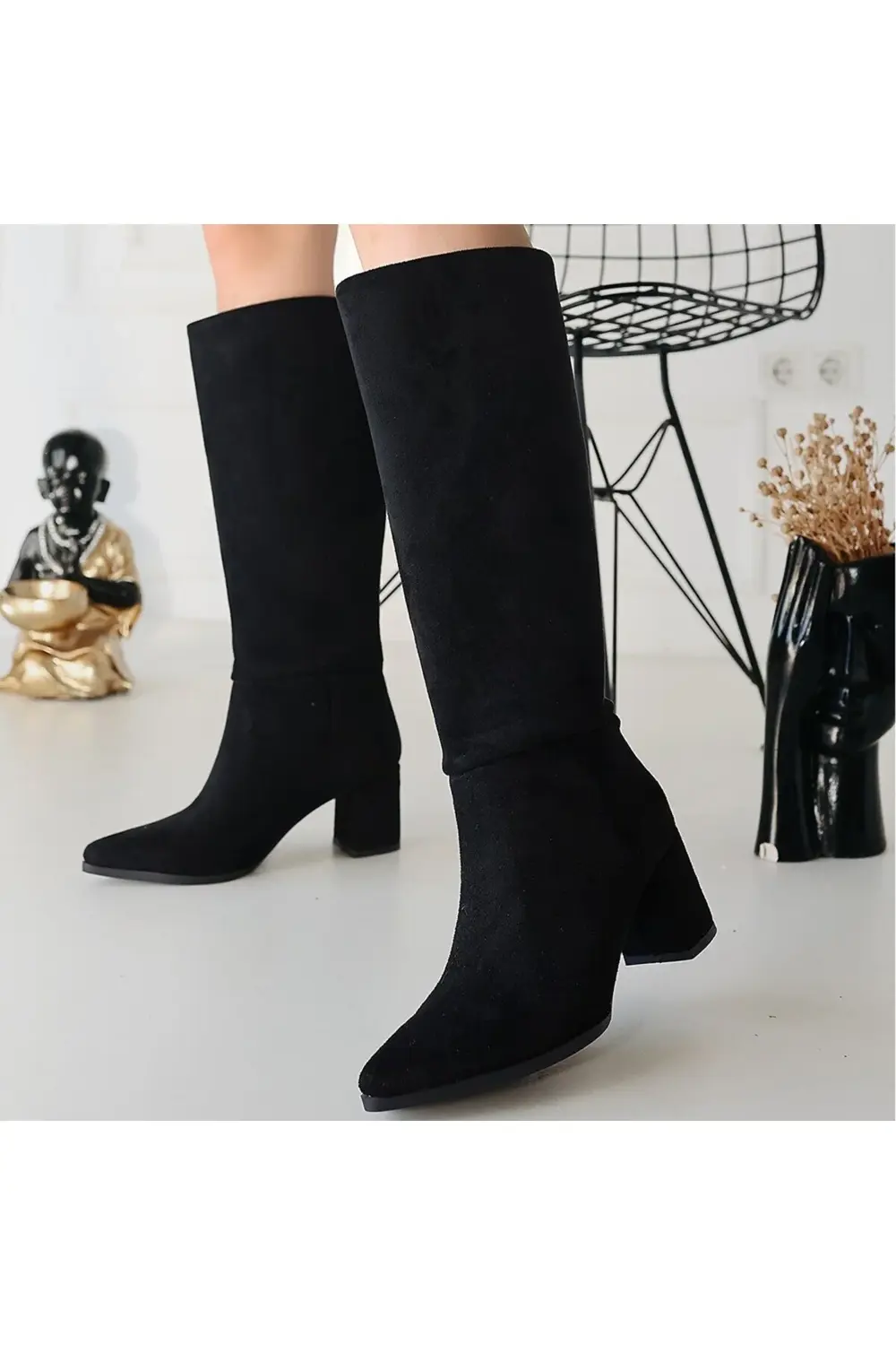 Roksa Siyah Süet Topuklu Çizme