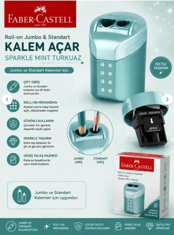 Roll-On Jumbo ve Standart Kalem Açar Kalemtıraş Sparkle Mint Turkuaz Roll-On Jumbo ve Standart Kalem Açar Kalemtıraş Sparkle Mint Turkuaz Fiyatı, Yorumları ve Özellikleri