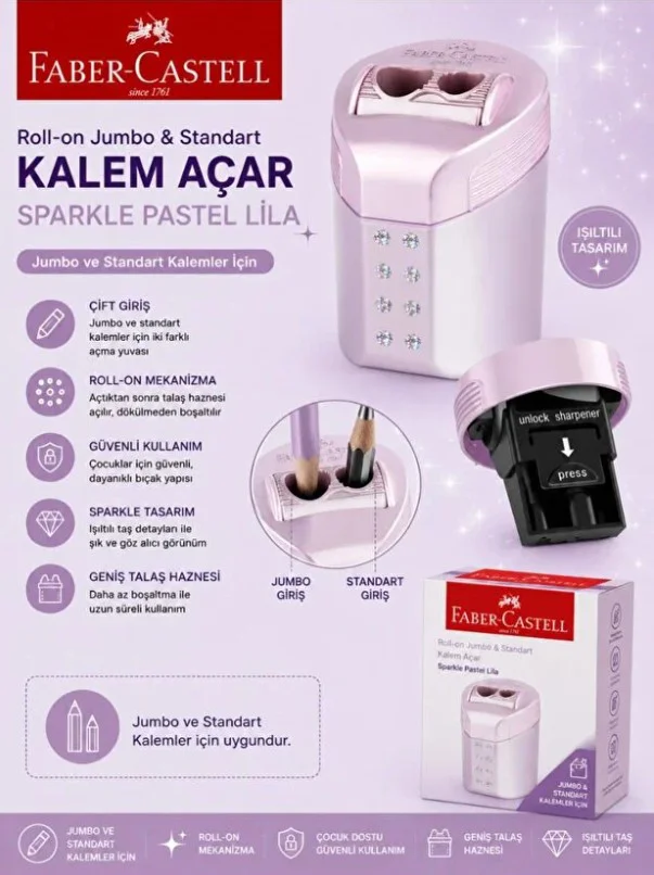 Roll-On Jumbo ve Standart Kalem Açar Kalemtıraş Sparkle Pastel Lila Roll-On Jumbo ve Standart Kalem Açar Kalemtıraş Sparkle Pastel Lila Fiyatı, Yorumları ve Özellikleri