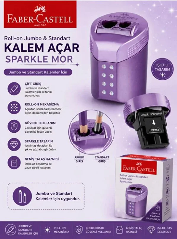 Roll-On Jumbo ve Standart Kalem Açar Kalemtıraş Sparkle Mor Fiyatı, Yorumları ve Özellikleri