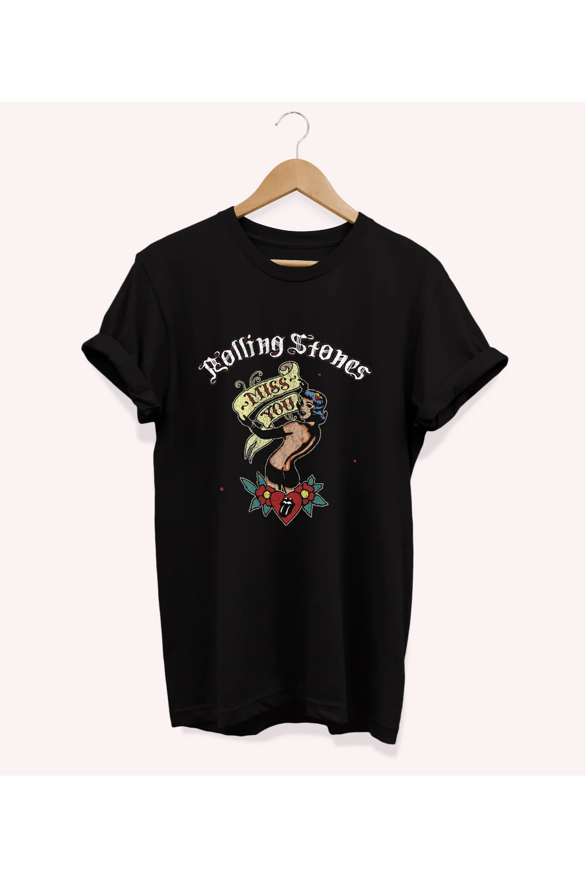 , Rolling Stones Baskılı, %100 Pamuk, Bisiklet Yaka, Oversize T-shirt, Büyük Beden Tişört