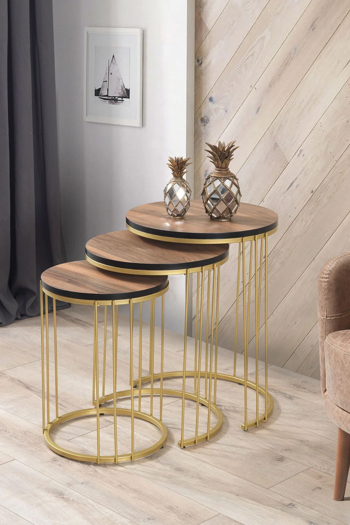 Roma Gold Metal Ayaklı Ceviz Kaplama Mdf'li Zigon Sehpa