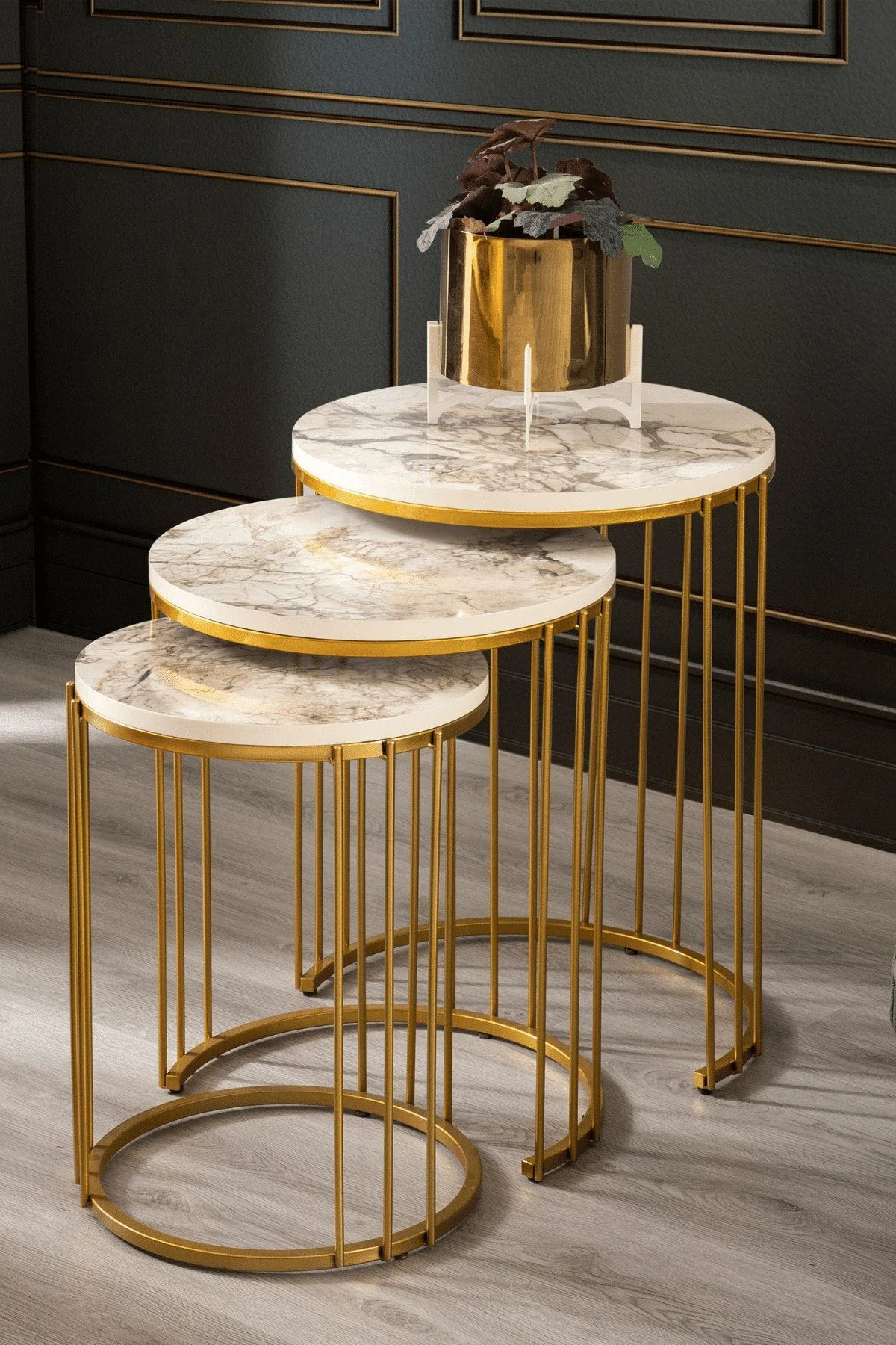 Roma Gold Metal Ayaklı,Mermer Desenli Mdf'li Sehpa  Seti