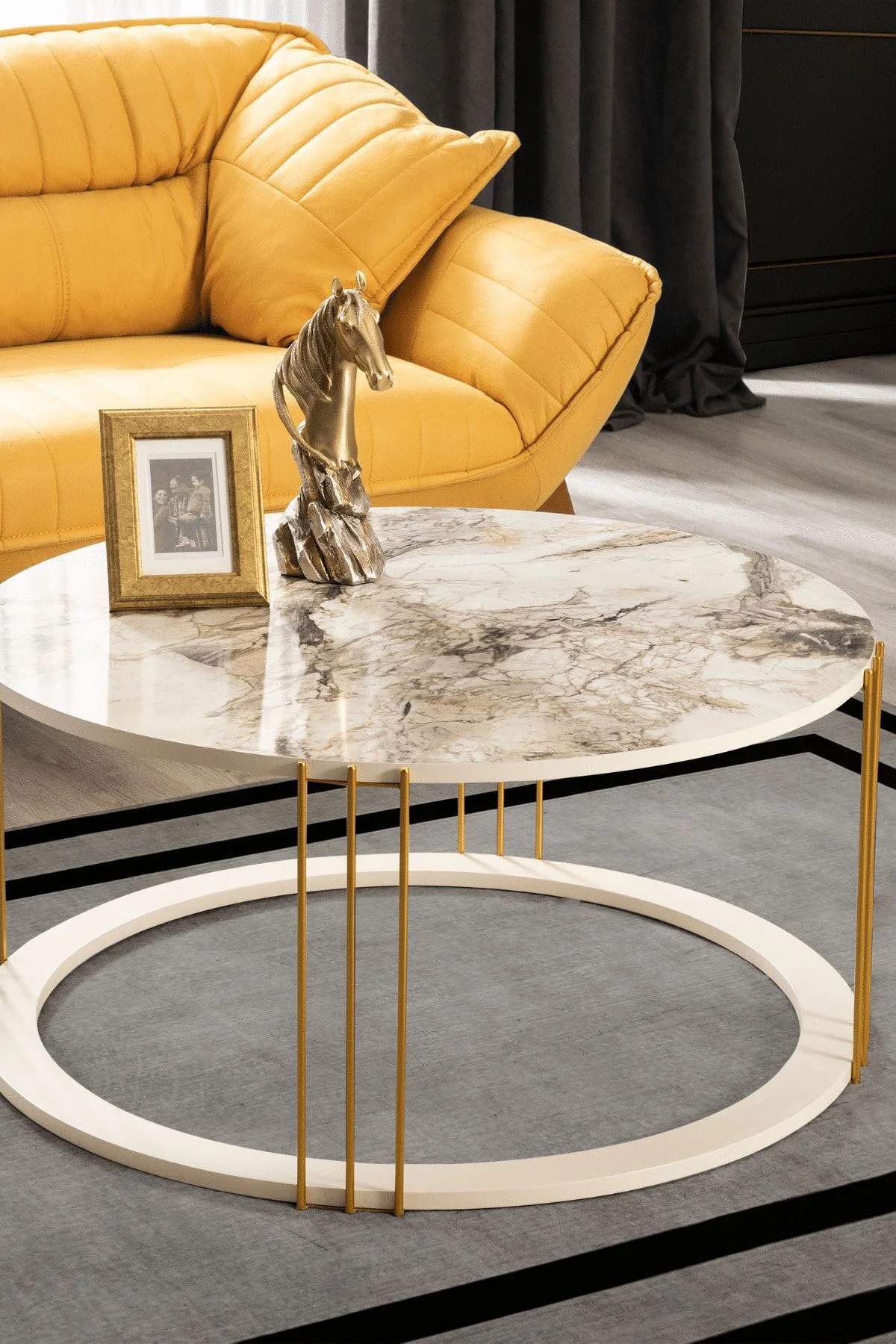 Roma Gold Metal Ayaklı,Mermer Desenli Mdf'li Sehpa  Seti